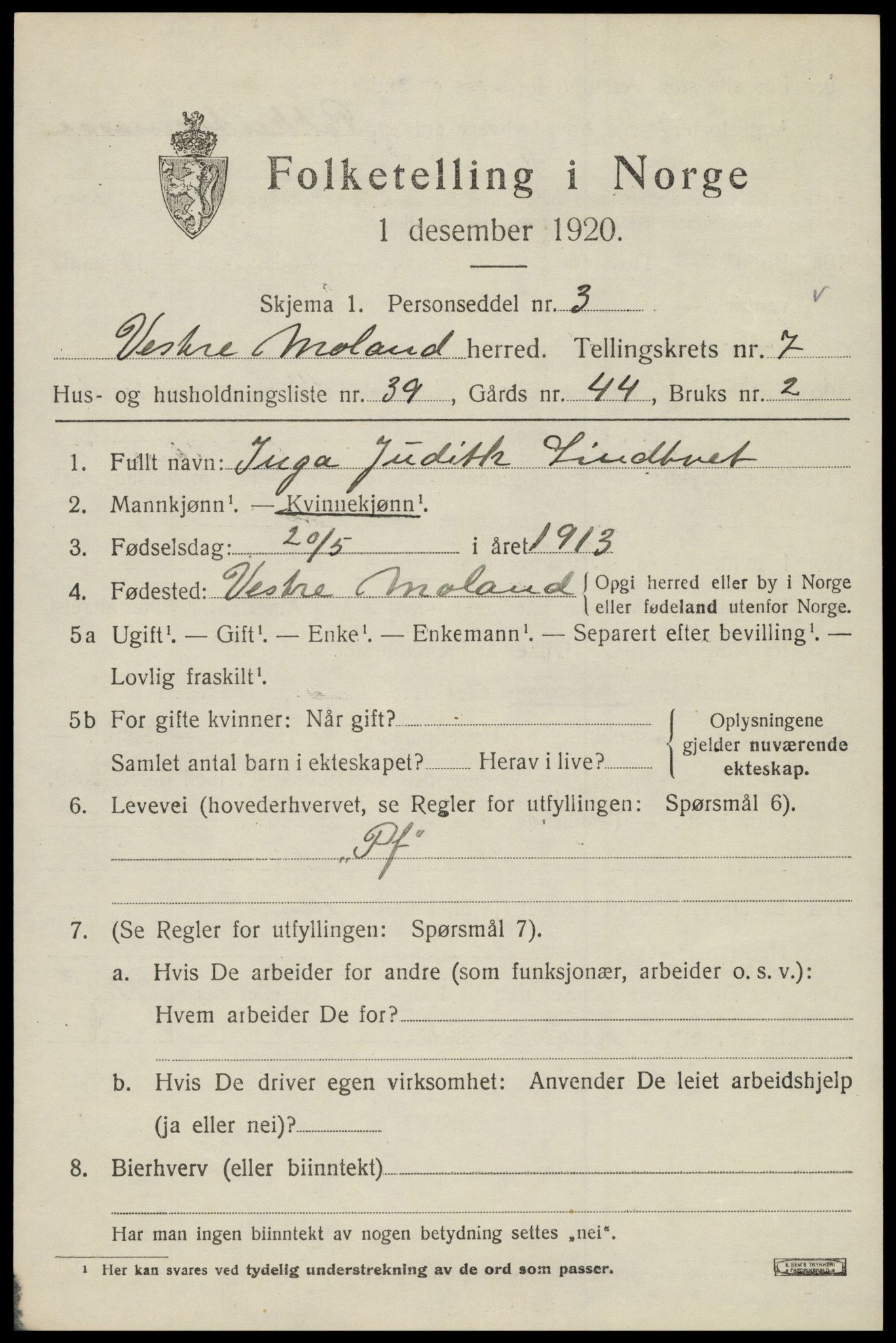 SAK, 1920 census for Vestre Moland, 1920, p. 5199