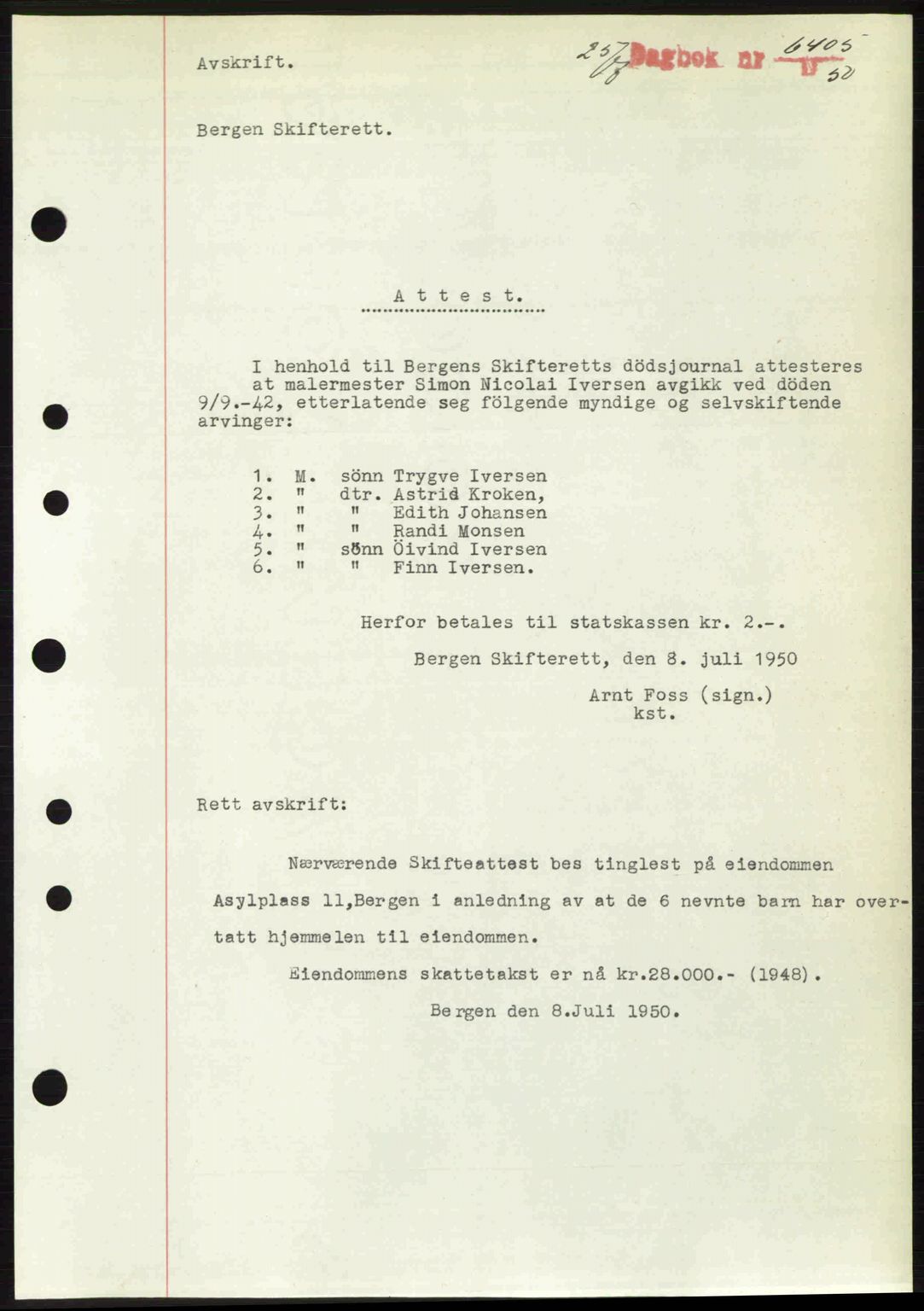 Byfogd og Byskriver i Bergen, AV/SAB-A-3401/03/03Bc/L0033: Mortgage book no. A26-27, 1950-1950, Diary no: : 6405/1950