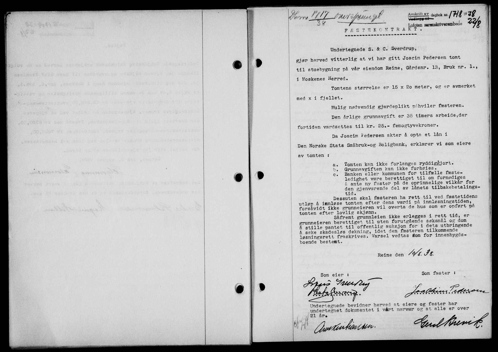 Lofoten sorenskriveri, SAT/A-0017/1/2/2C/L0004a: Mortgage book no. 4a, 1938-1938, Diary no: : 1718/1938