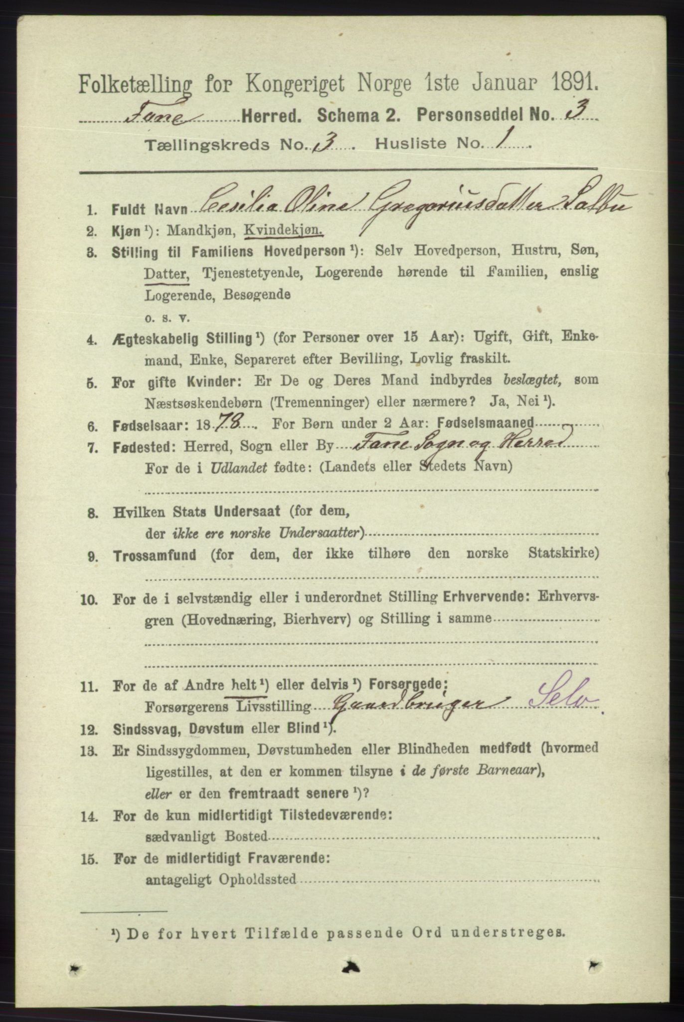 RA, 1891 census for 1249 Fana, 1891, p. 877