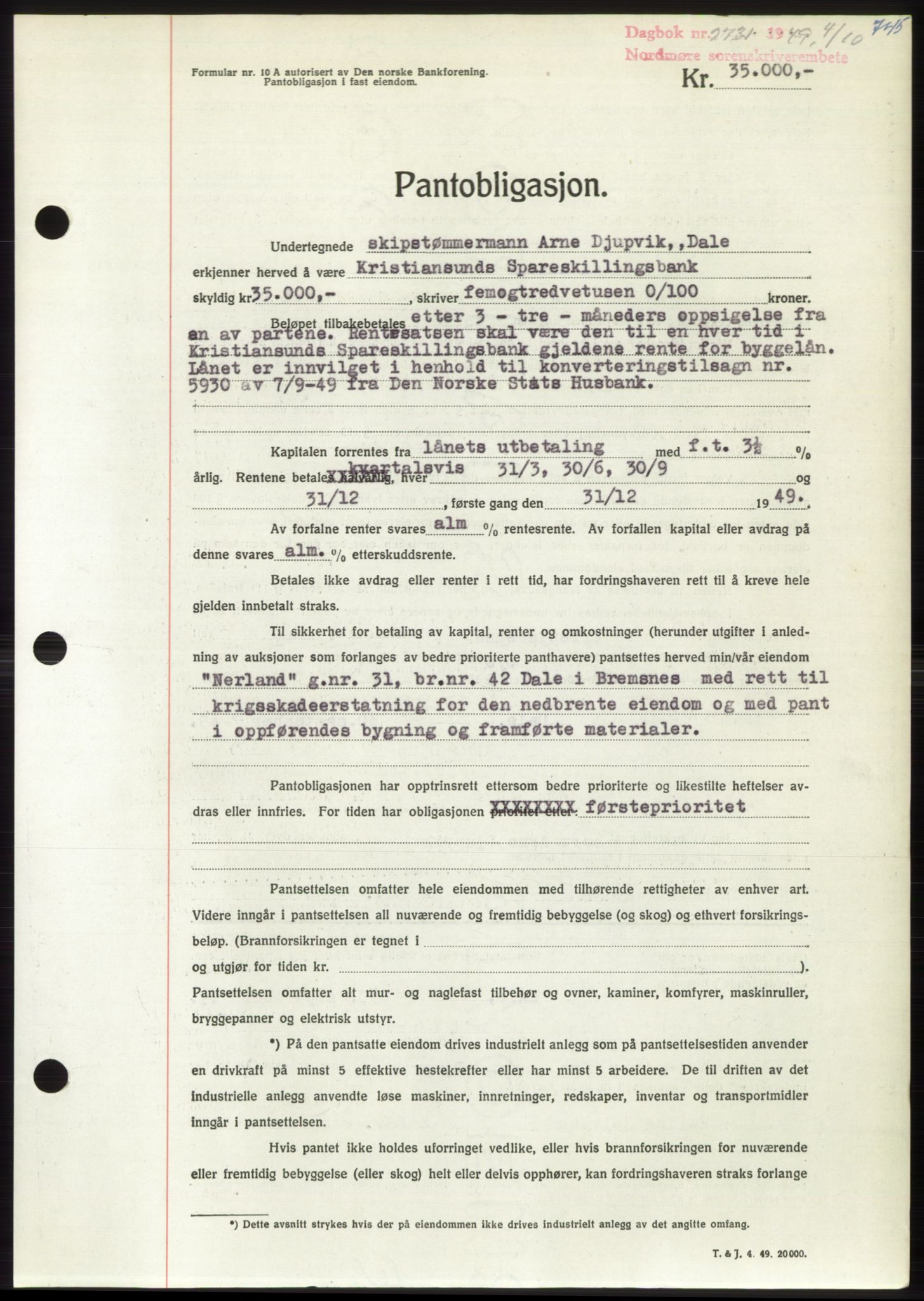 Nordmøre sorenskriveri, AV/SAT-A-4132/1/2/2Ca: Mortgage book no. B102, 1949-1949, Diary no: : 2731/1949