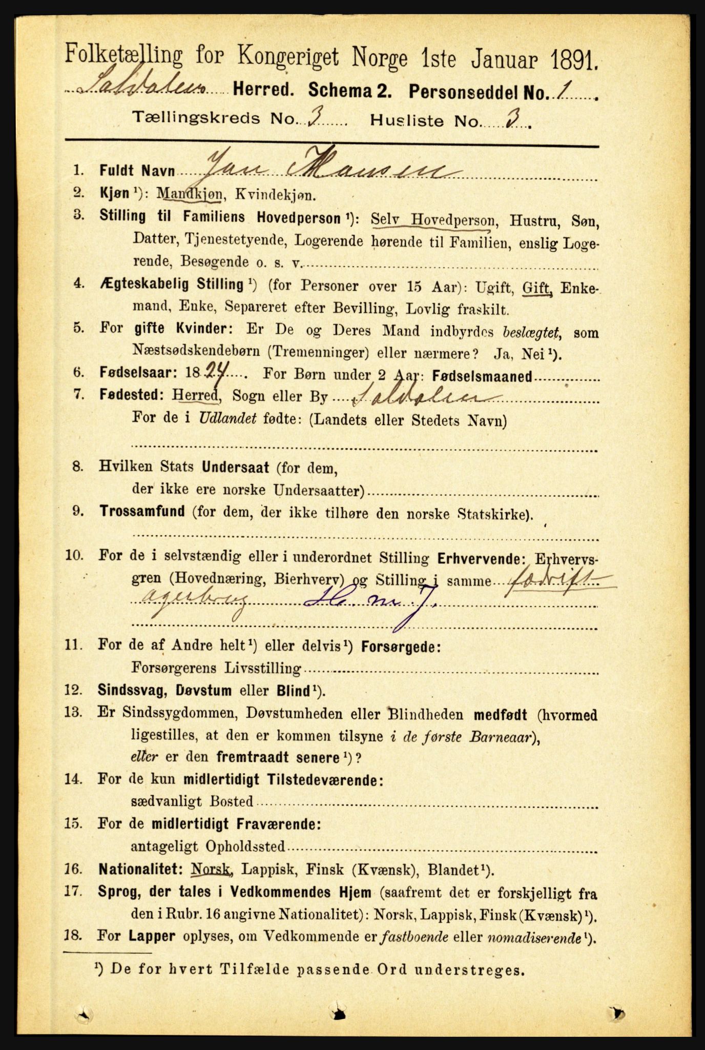 RA, 1891 census for 1840 Saltdal, 1891, p. 1666