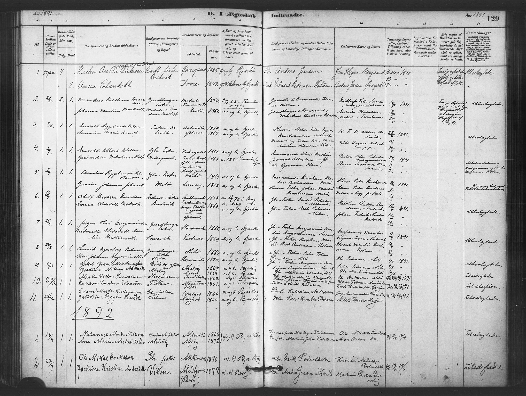 Sand/Bjarkøy sokneprestkontor, AV/SATØ-S-0811/I/Ia/Iaa/L0003kirke: Parish register (official) no. 3, 1878-1892, p. 129