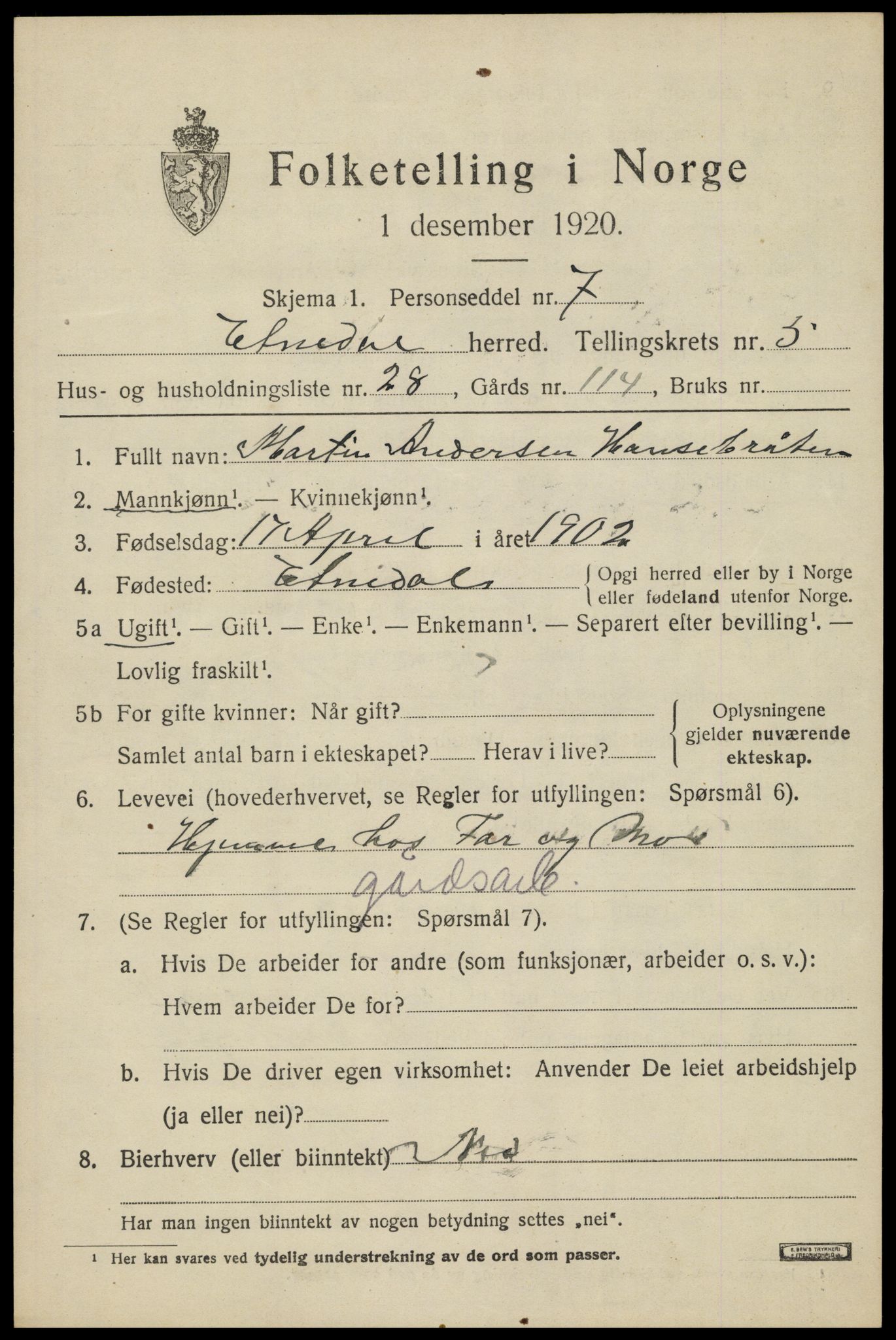 SAH, 1920 census for Etnedal, 1920, p. 2224