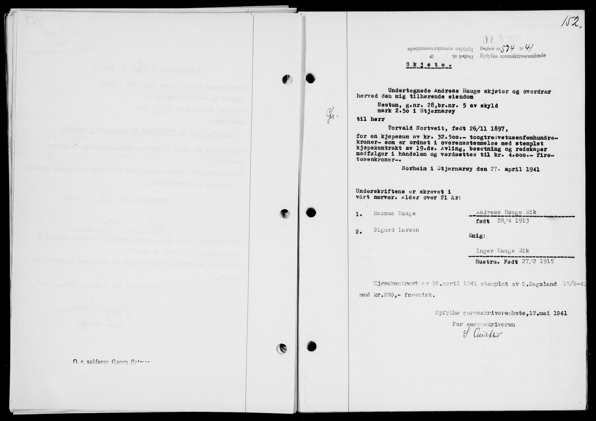 Ryfylke tingrett, SAST/A-100055/001/II/IIB/L0085: Mortgage book no. 64, 1941-1941, Diary no: : 574/1941