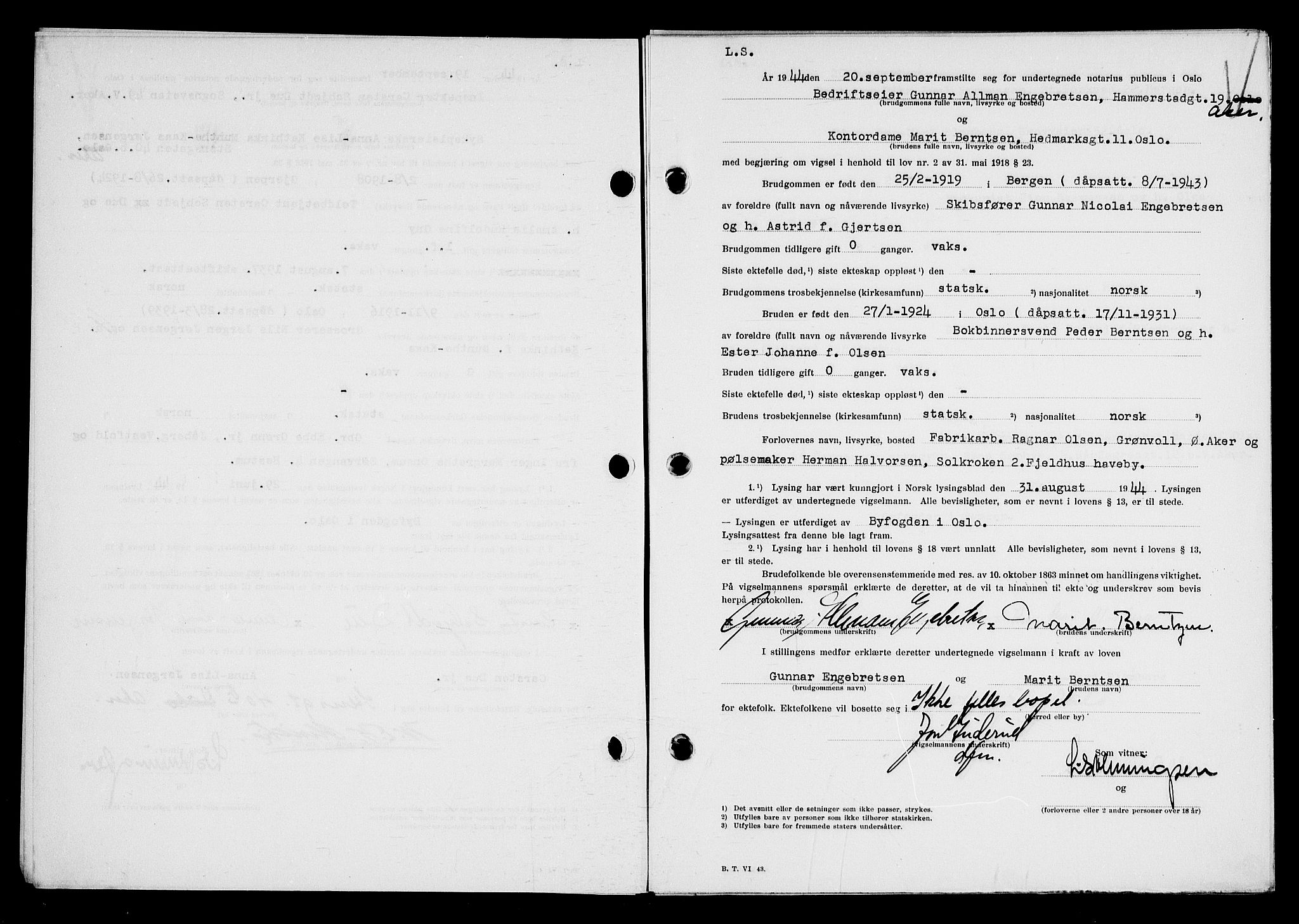 Oslo byfogd avd. I, AV/SAO-A-10220/L/Lb/Lbb/L0051: Notarialprotokoll, rekke II: Vigsler, 1944