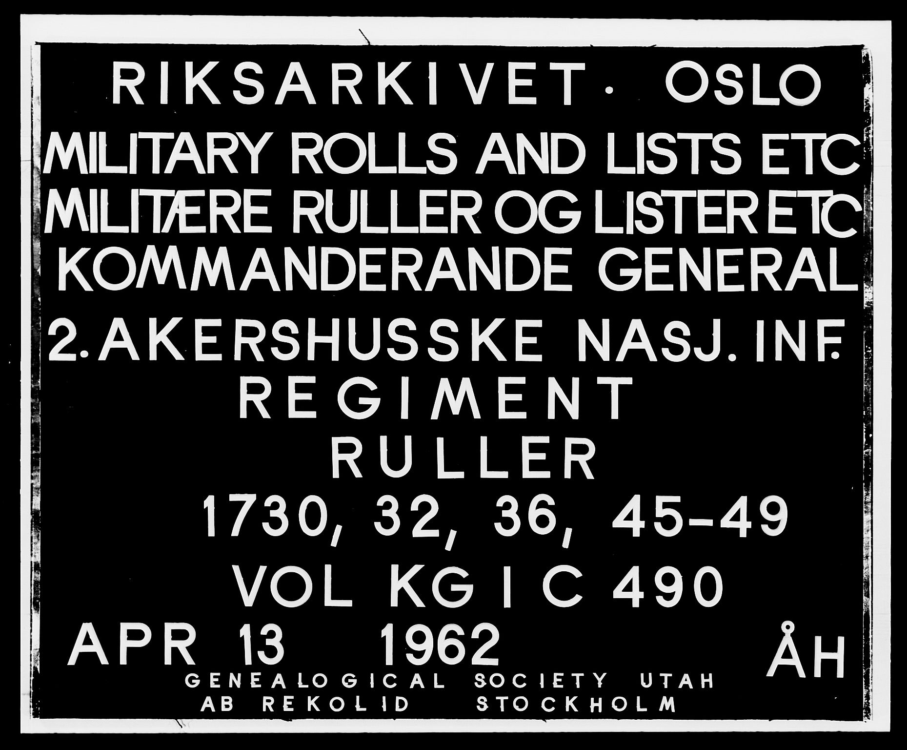 Kommanderende general (KG I) med Det norske krigsdirektorium, RA/EA-5419/E/Ea/L0490: 2. Akershusiske regiment, 1730-1748, p. 1