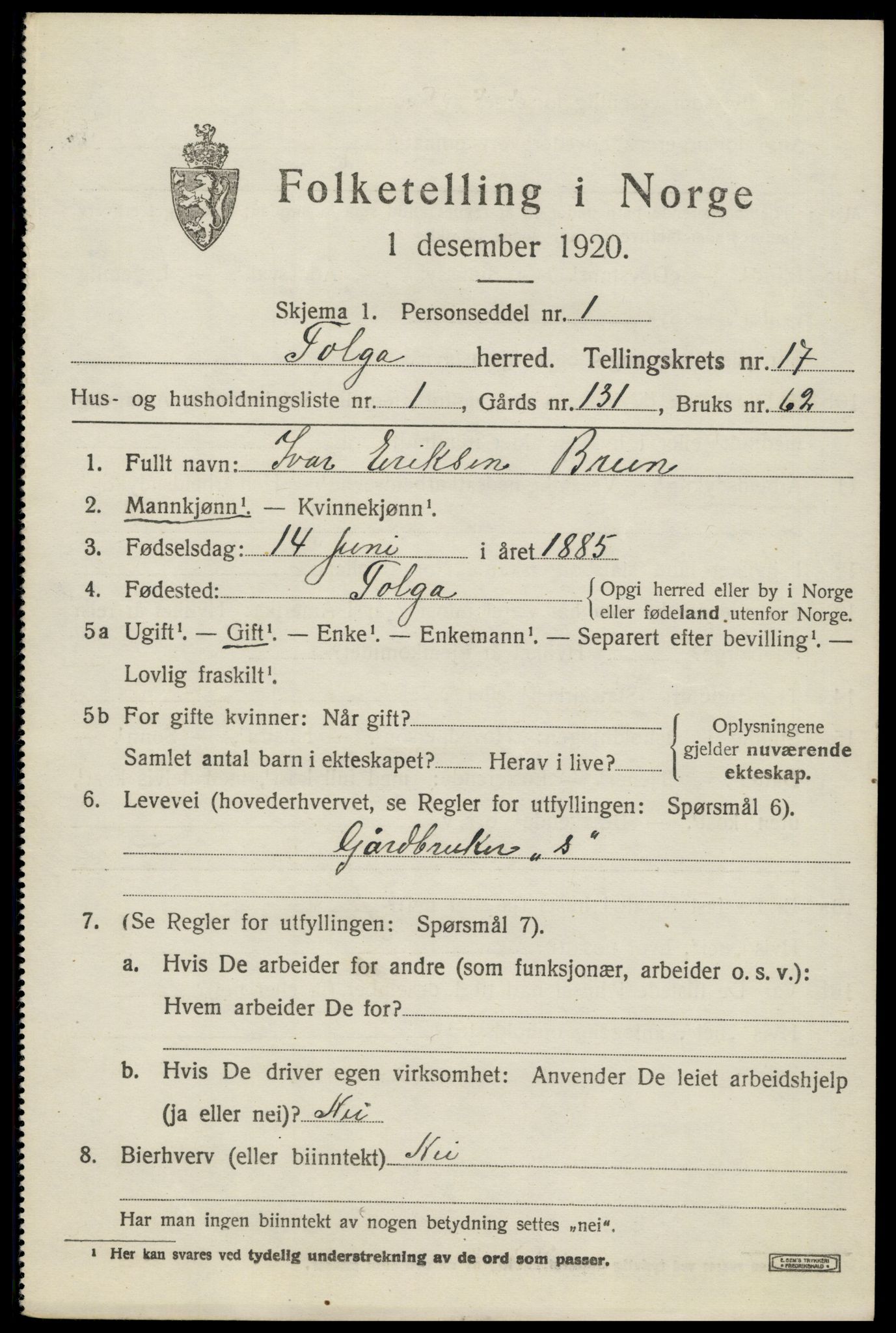 SAH, 1920 census for Tolga, 1920, p. 7811