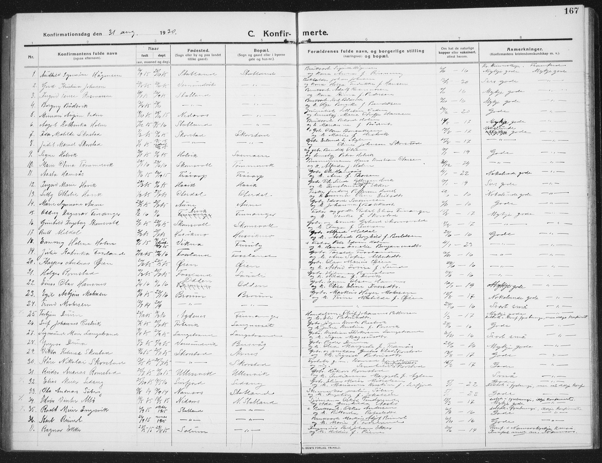 Ministerialprotokoller, klokkerbøker og fødselsregistre - Nord-Trøndelag, SAT/A-1458/774/L0630: Parish register (copy) no. 774C01, 1910-1934, p. 167