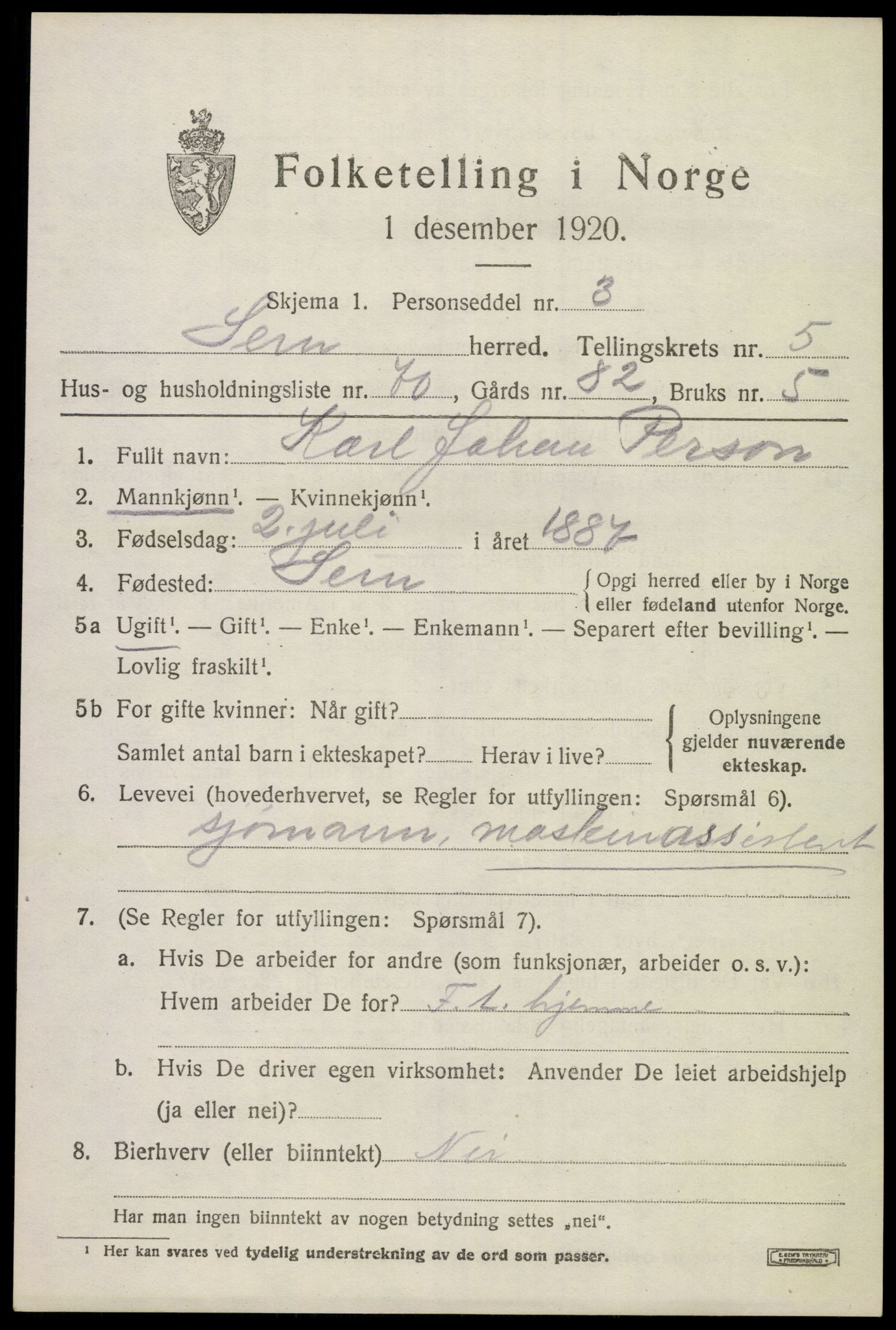 SAKO, 1920 census for Sem, 1920, p. 8535