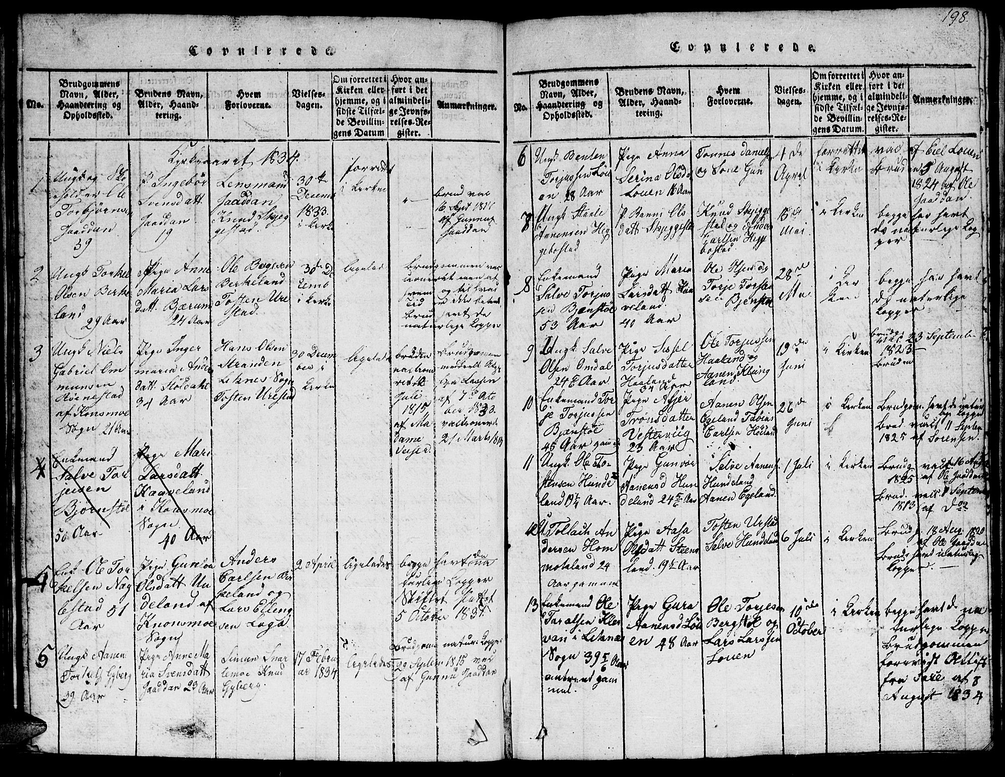 Hægebostad sokneprestkontor, AV/SAK-1111-0024/F/Fb/Fba/L0001: Parish register (copy) no. B 1, 1815-1844, p. 198