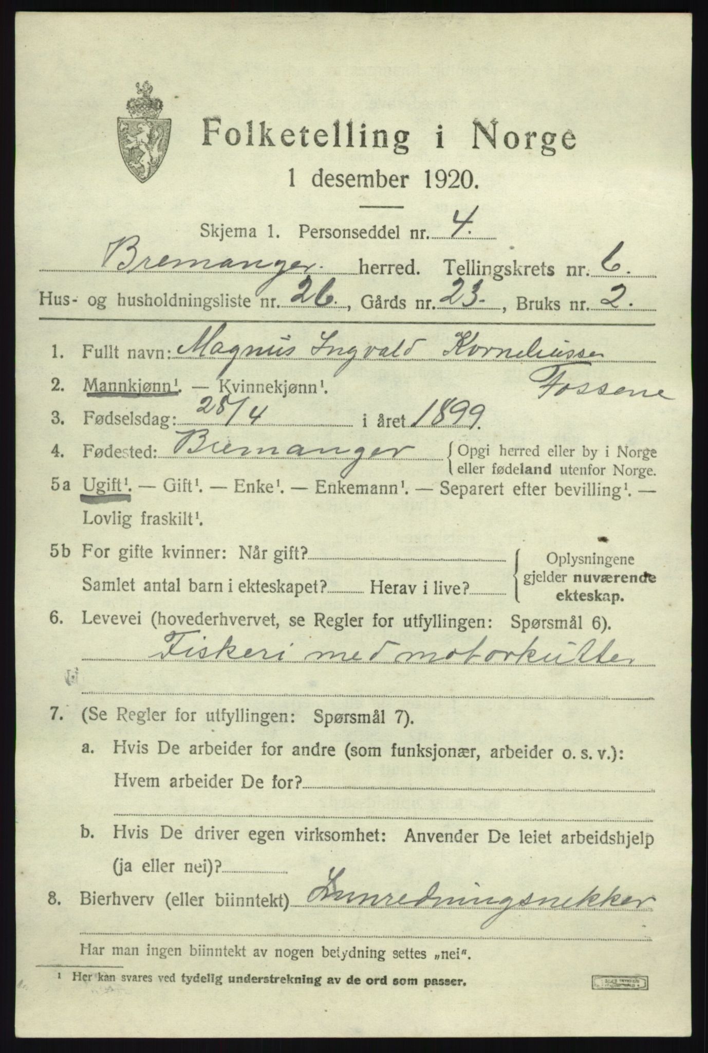 SAB, 1920 census for Bremanger, 1920, p. 4392