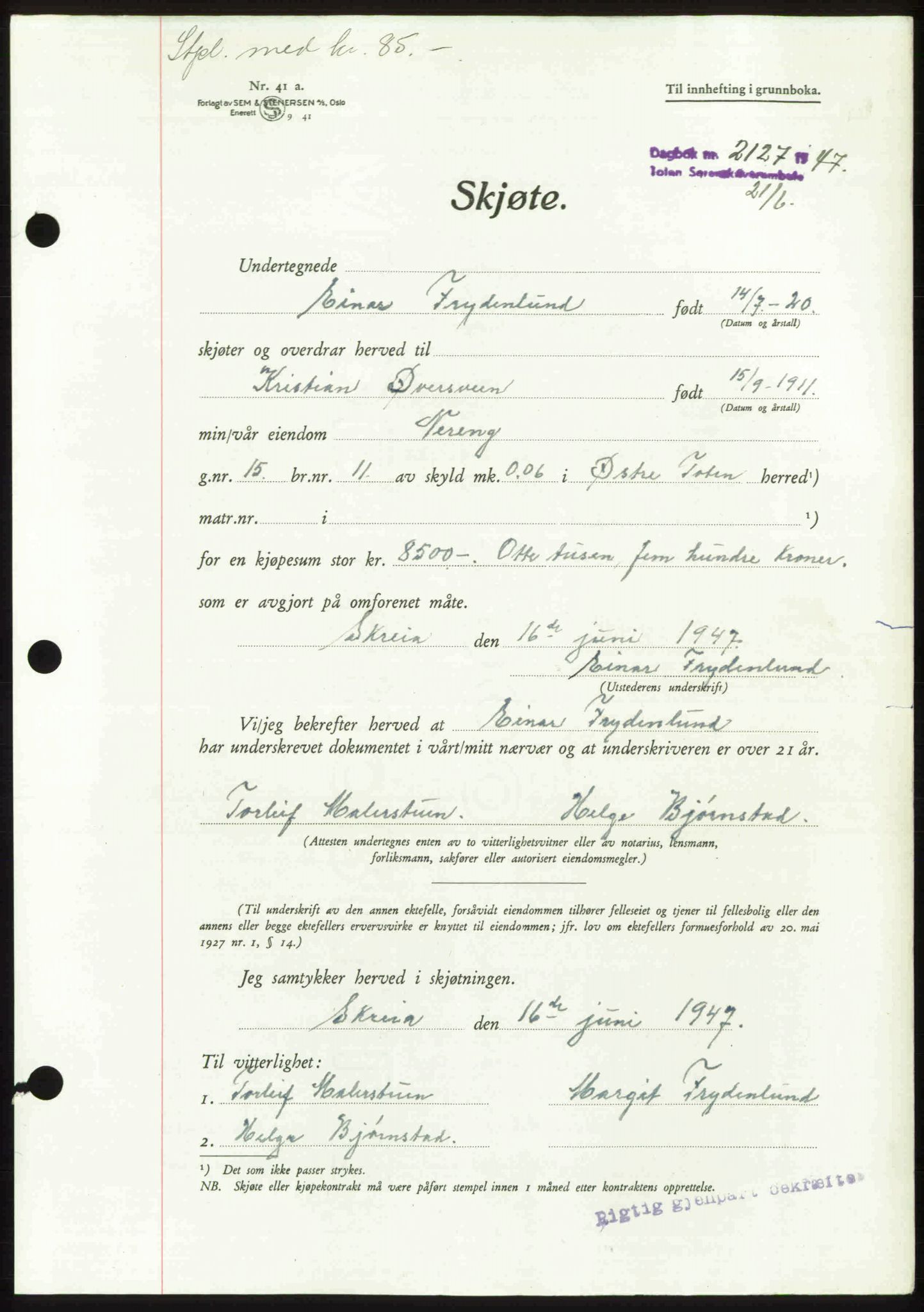 Toten tingrett, AV/SAH-TING-006/H/Hb/Hbc/L0017: Mortgage book no. Hbc-17, 1947-1947, Diary no: : 2127/1947