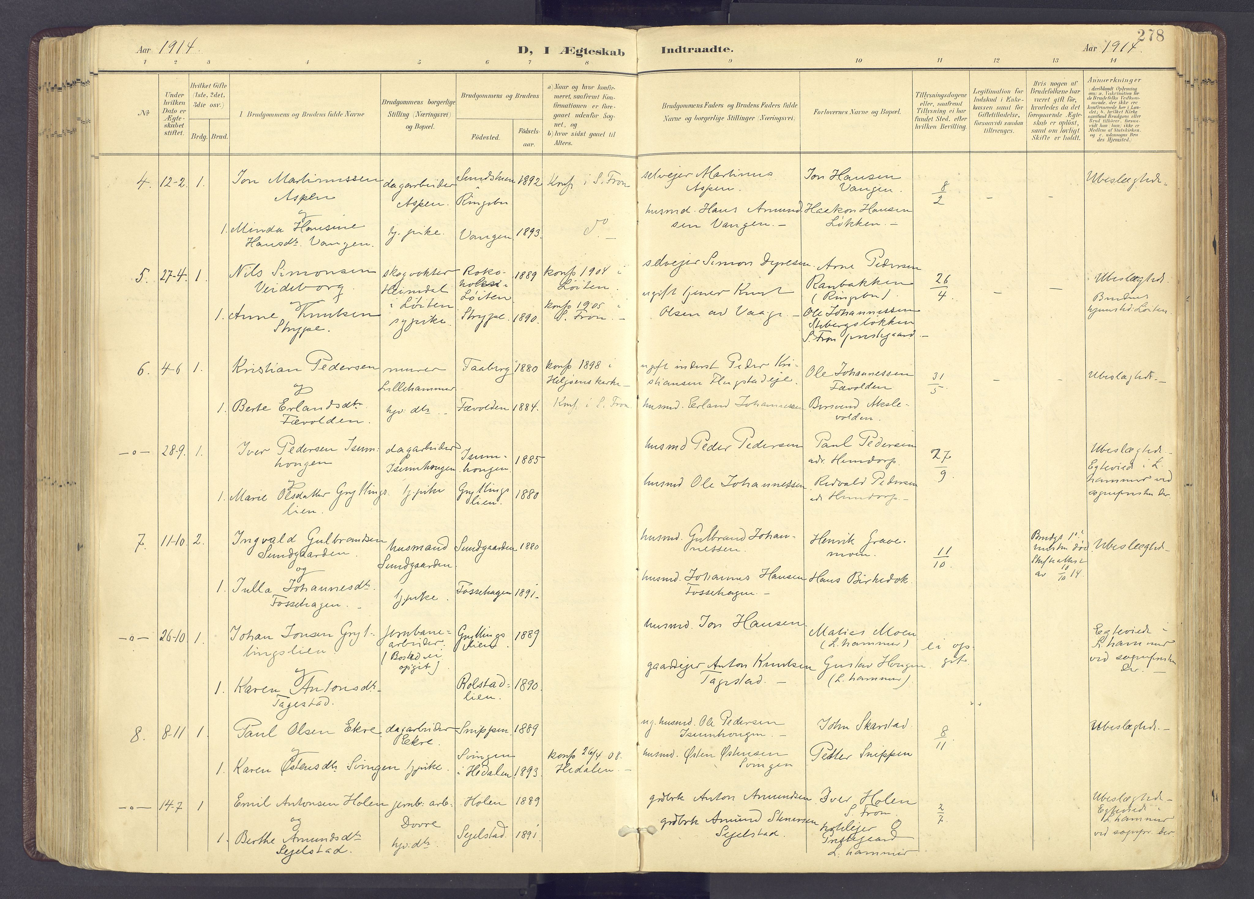 Sør-Fron prestekontor, AV/SAH-PREST-010/H/Ha/Haa/L0004: Parish register (official) no. 4, 1898-1919, p. 278