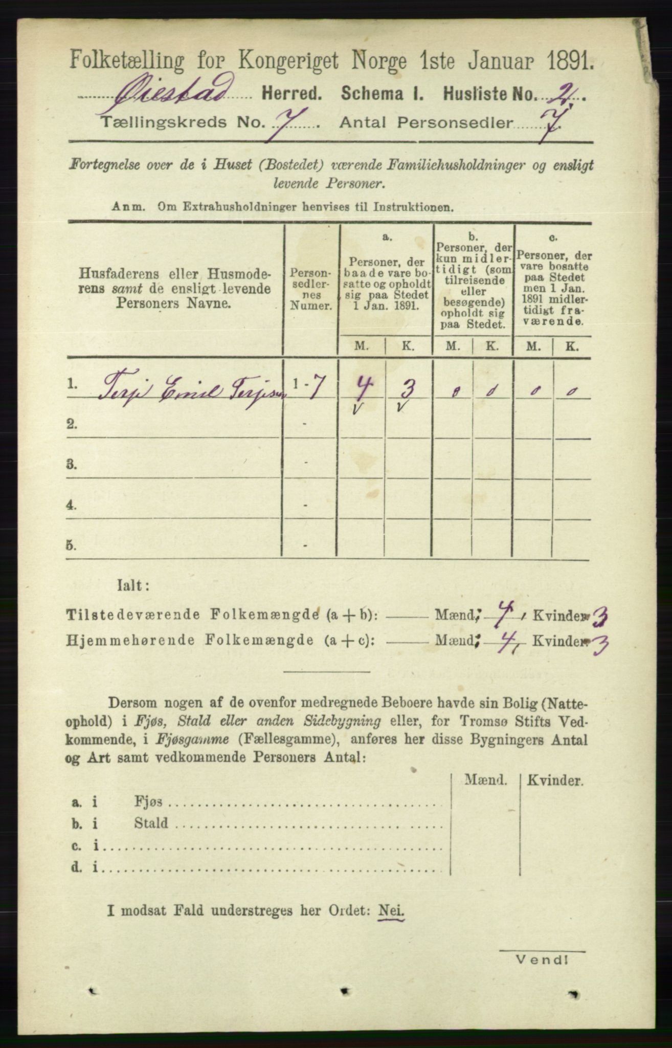 RA, 1891 census for 0920 Øyestad, 1891, p. 2568