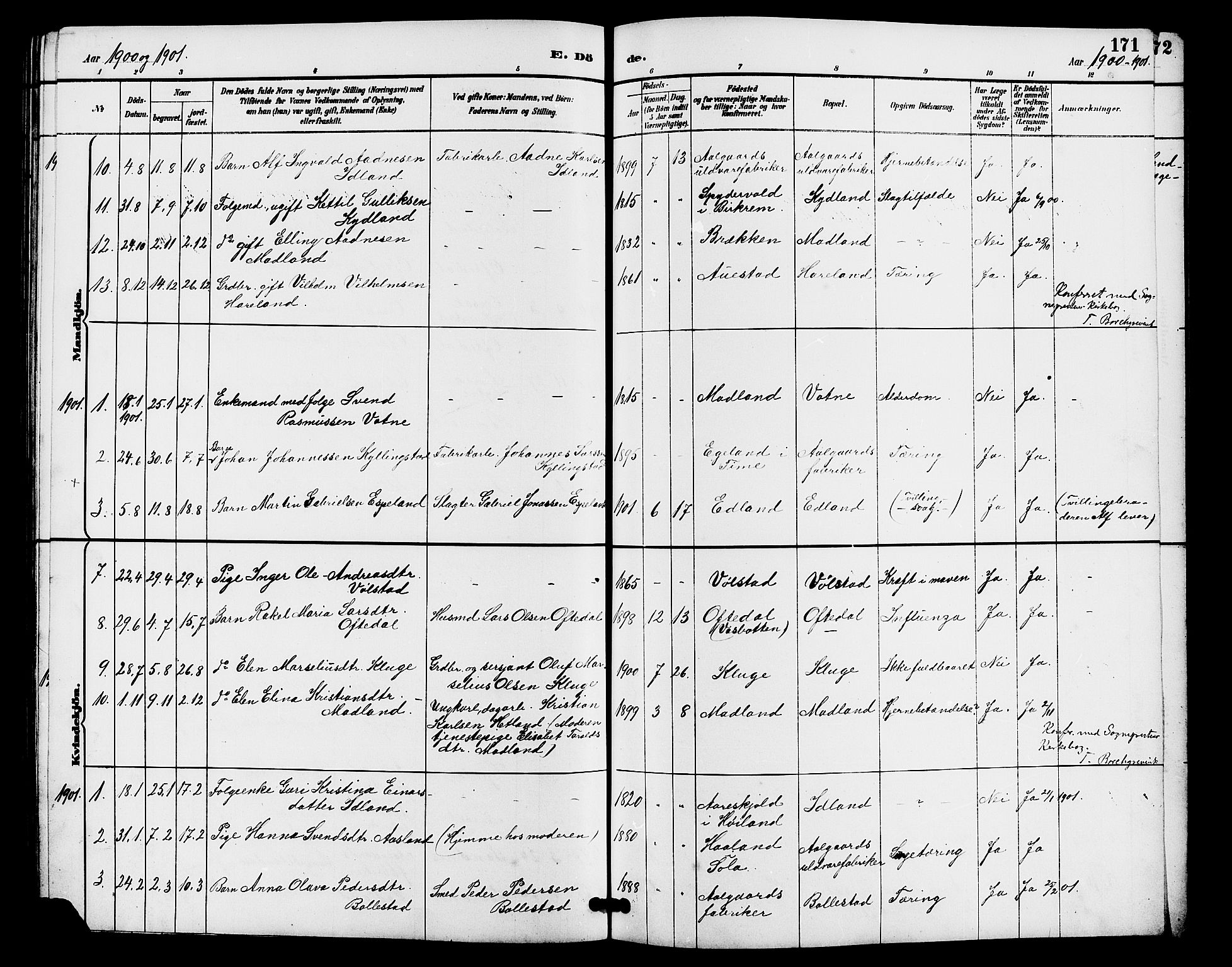Lye sokneprestkontor, SAST/A-101794/001/30BB/L0008: Parish register (copy) no. B 7, 1887-1901, p. 171