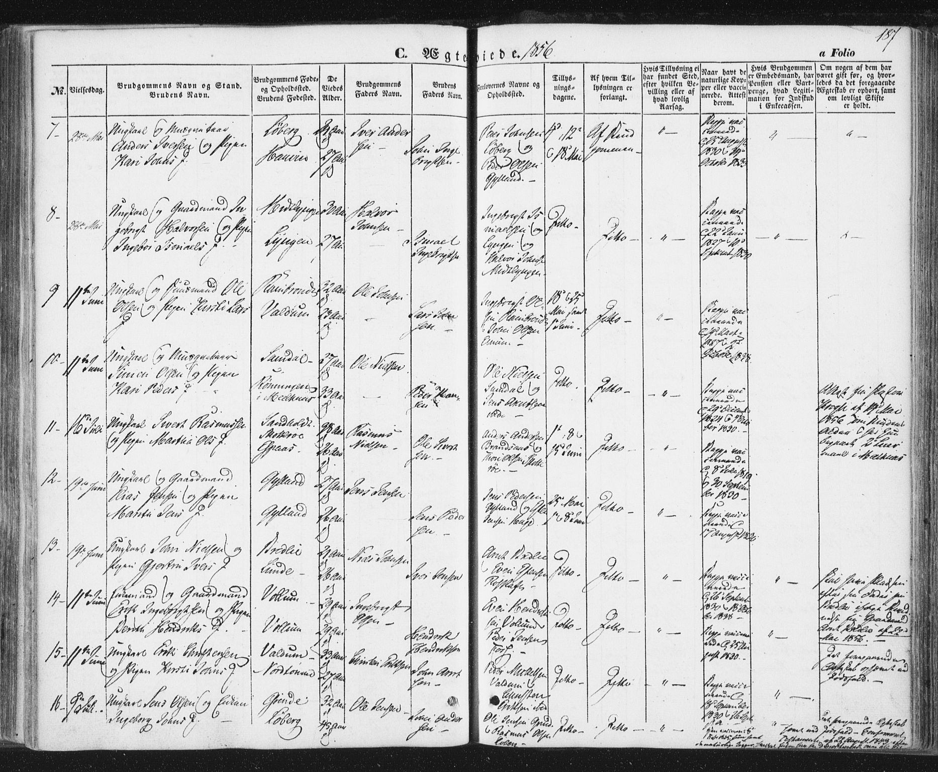 Ministerialprotokoller, klokkerbøker og fødselsregistre - Sør-Trøndelag, SAT/A-1456/692/L1103: Parish register (official) no. 692A03, 1849-1870, p. 187