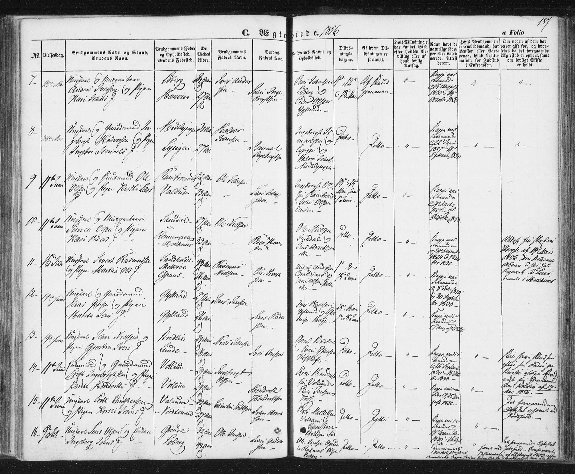 Ministerialprotokoller, klokkerbøker og fødselsregistre - Sør-Trøndelag, AV/SAT-A-1456/692/L1103: Parish register (official) no. 692A03, 1849-1870, p. 187