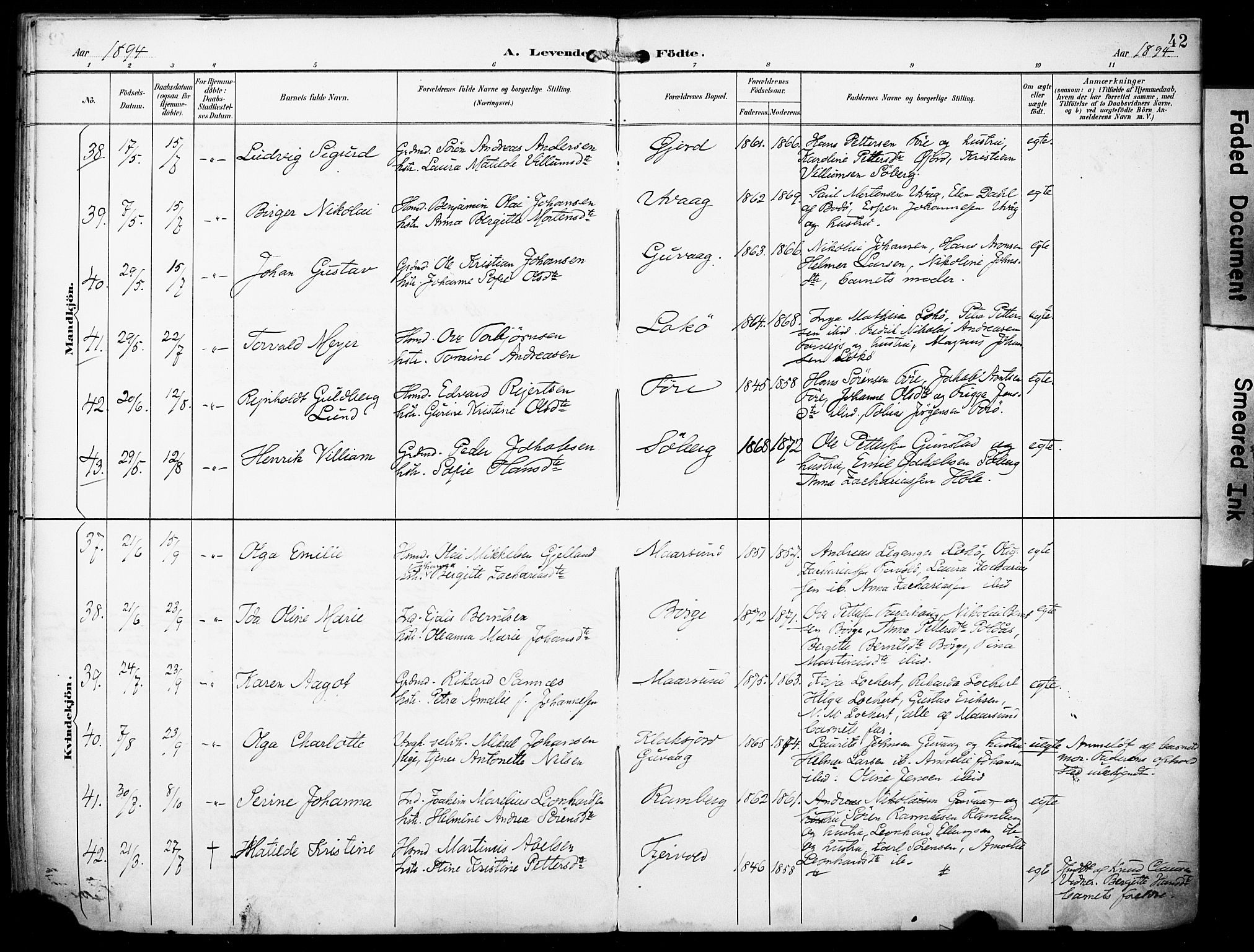Ministerialprotokoller, klokkerbøker og fødselsregistre - Nordland, SAT/A-1459/891/L1303: Parish register (official) no. 891A08, 1891-1894, p. 42
