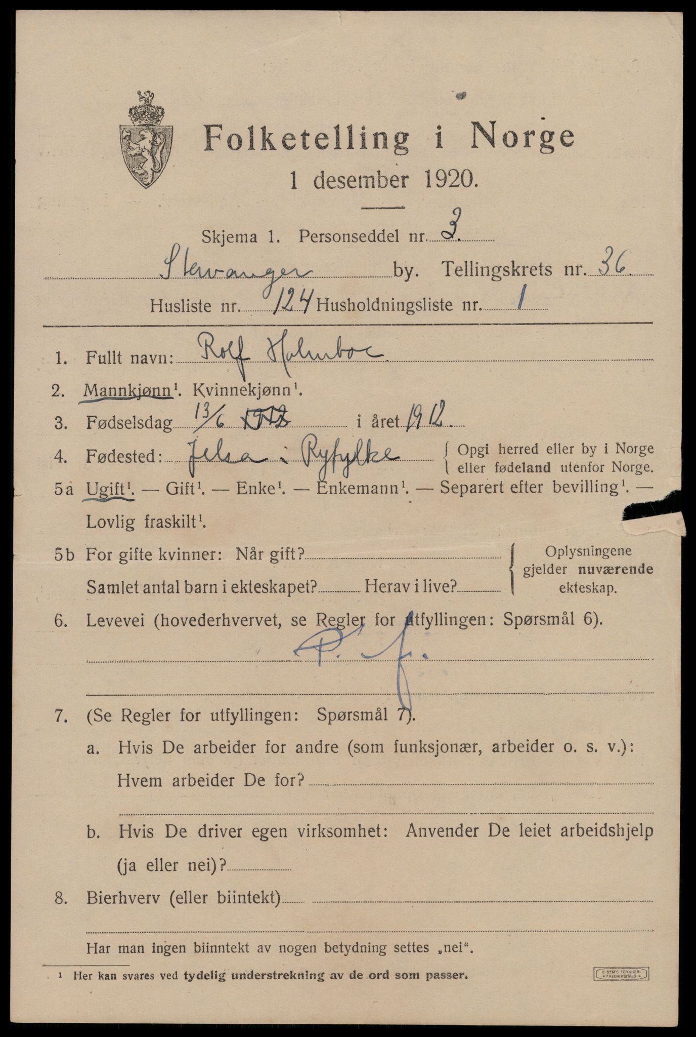 SAST, 1920 census for Stavanger, 1920, p. 97246