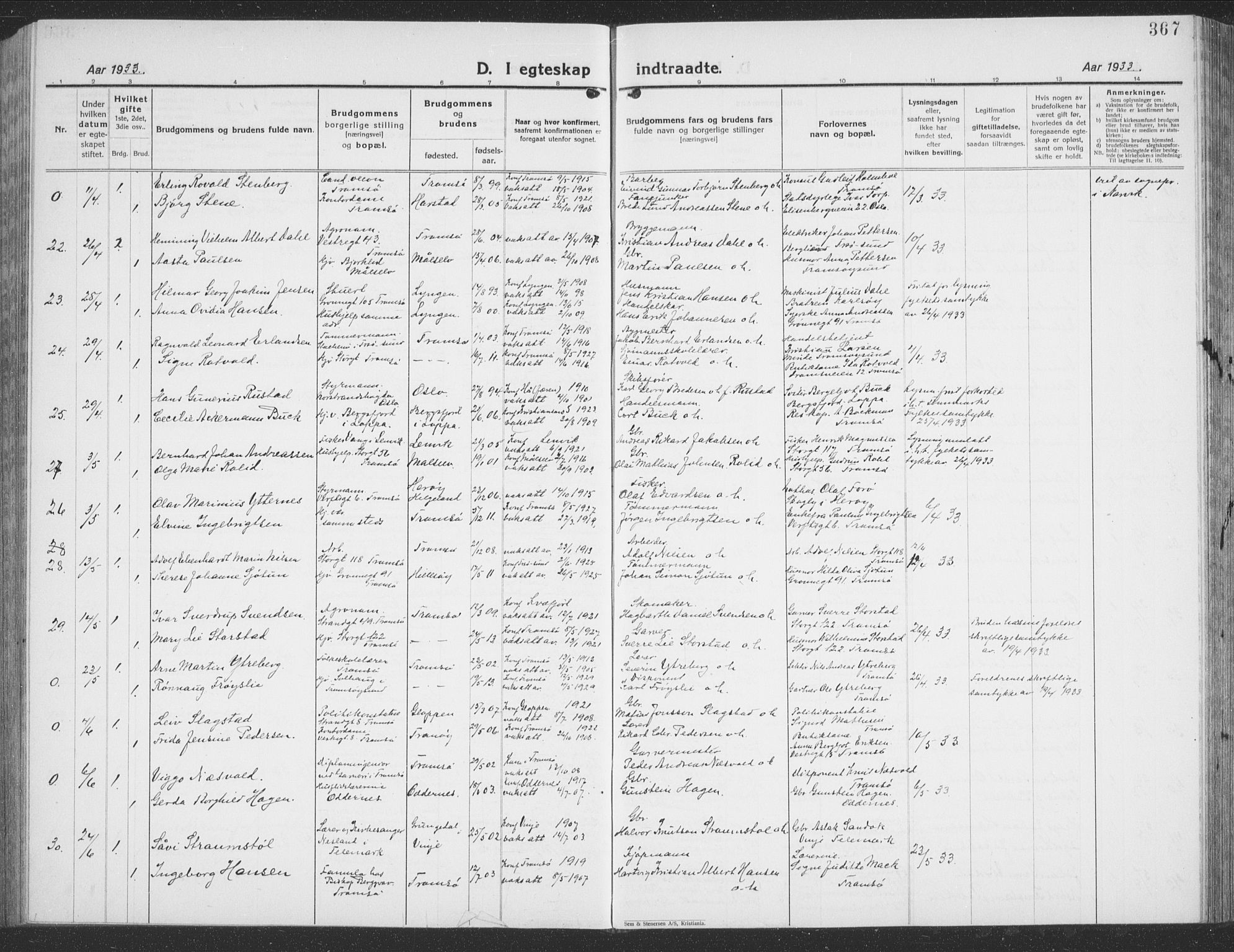 Tromsø sokneprestkontor/stiftsprosti/domprosti, SATØ/S-1343/G/Gb/L0010klokker: Parish register (copy) no. 10, 1925-1937, p. 367