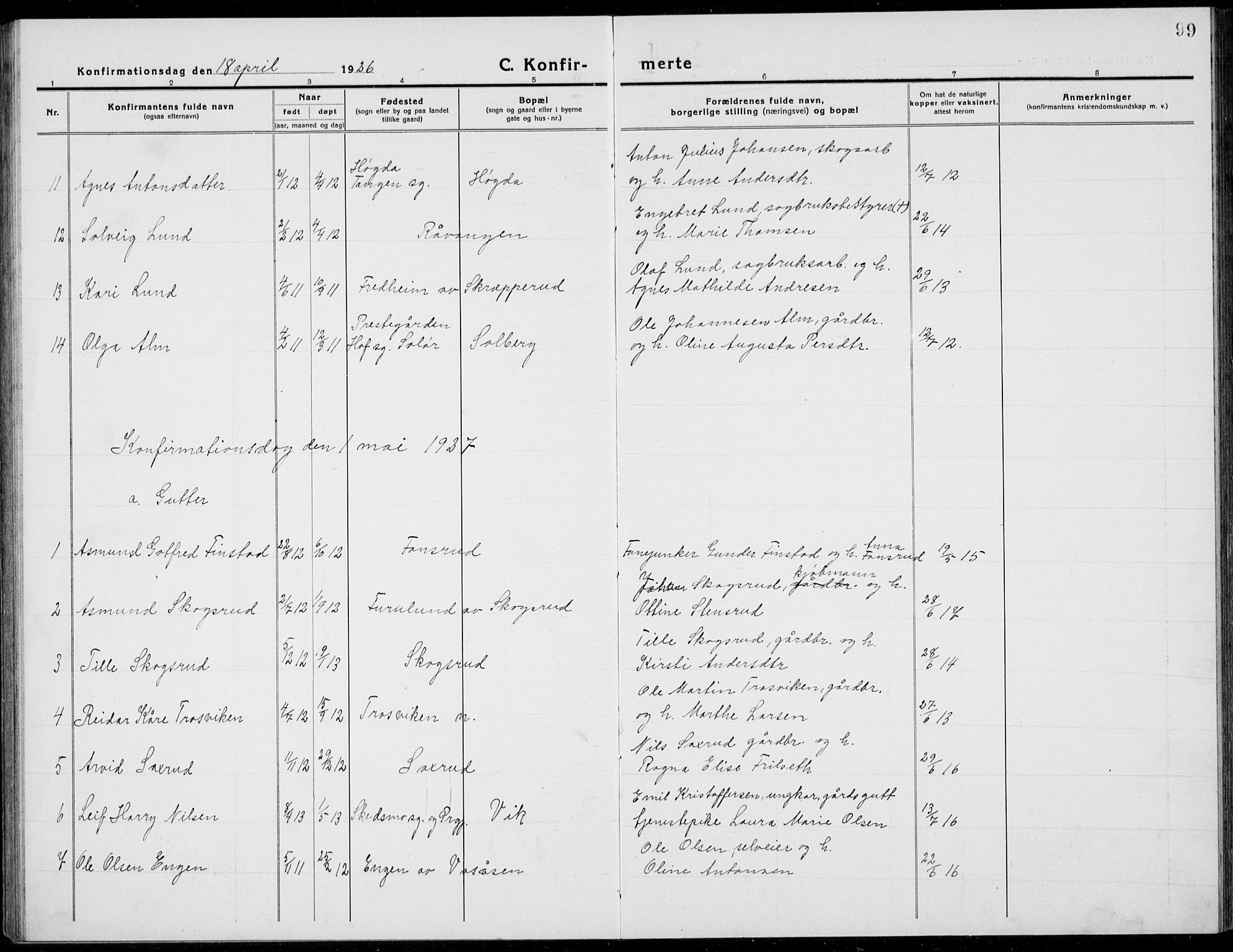 Stange prestekontor, SAH/PREST-002/L/L0017: Parish register (copy) no. 17, 1918-1936, p. 99