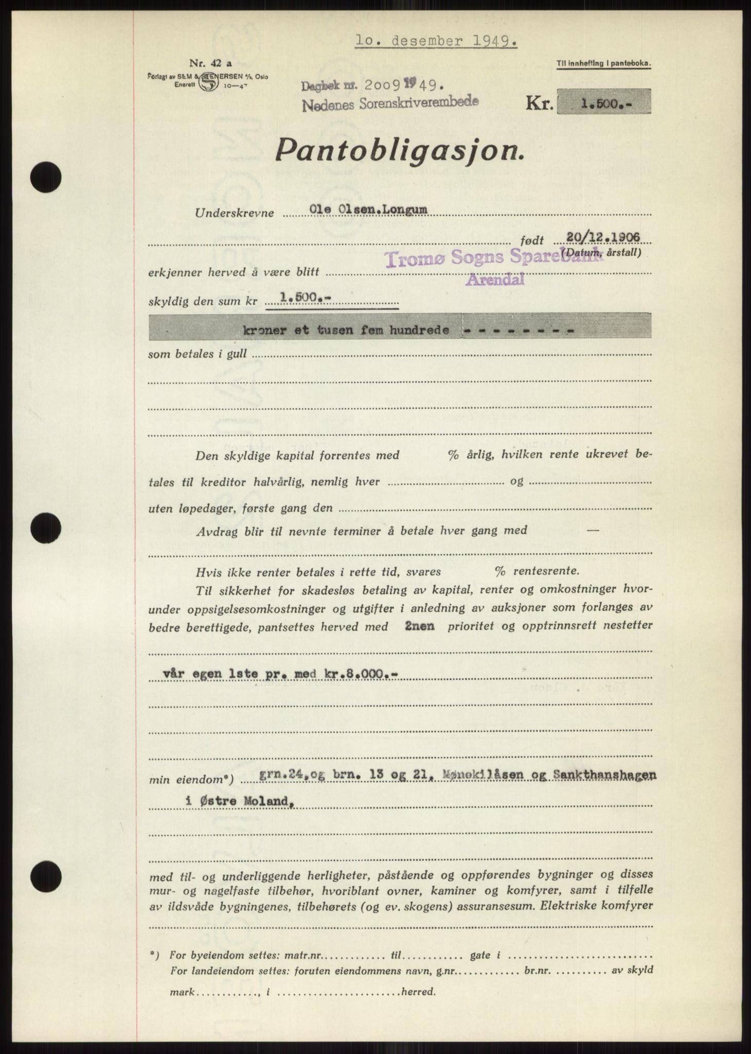 Nedenes sorenskriveri, AV/SAK-1221-0006/G/Gb/Gbb/L0007: Mortgage book no. B7, 1949-1950, Diary no: : 2009/1949