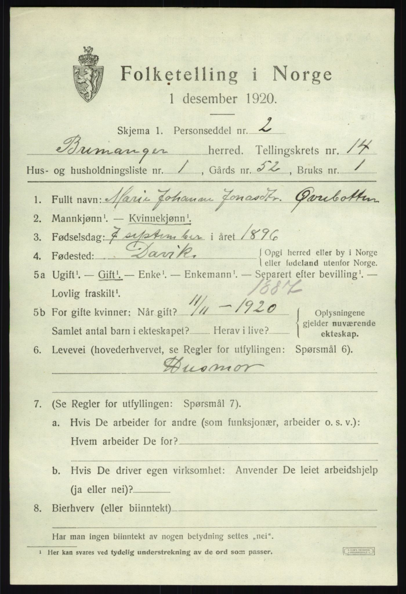 SAB, 1920 census for Bremanger, 1920, p. 7054