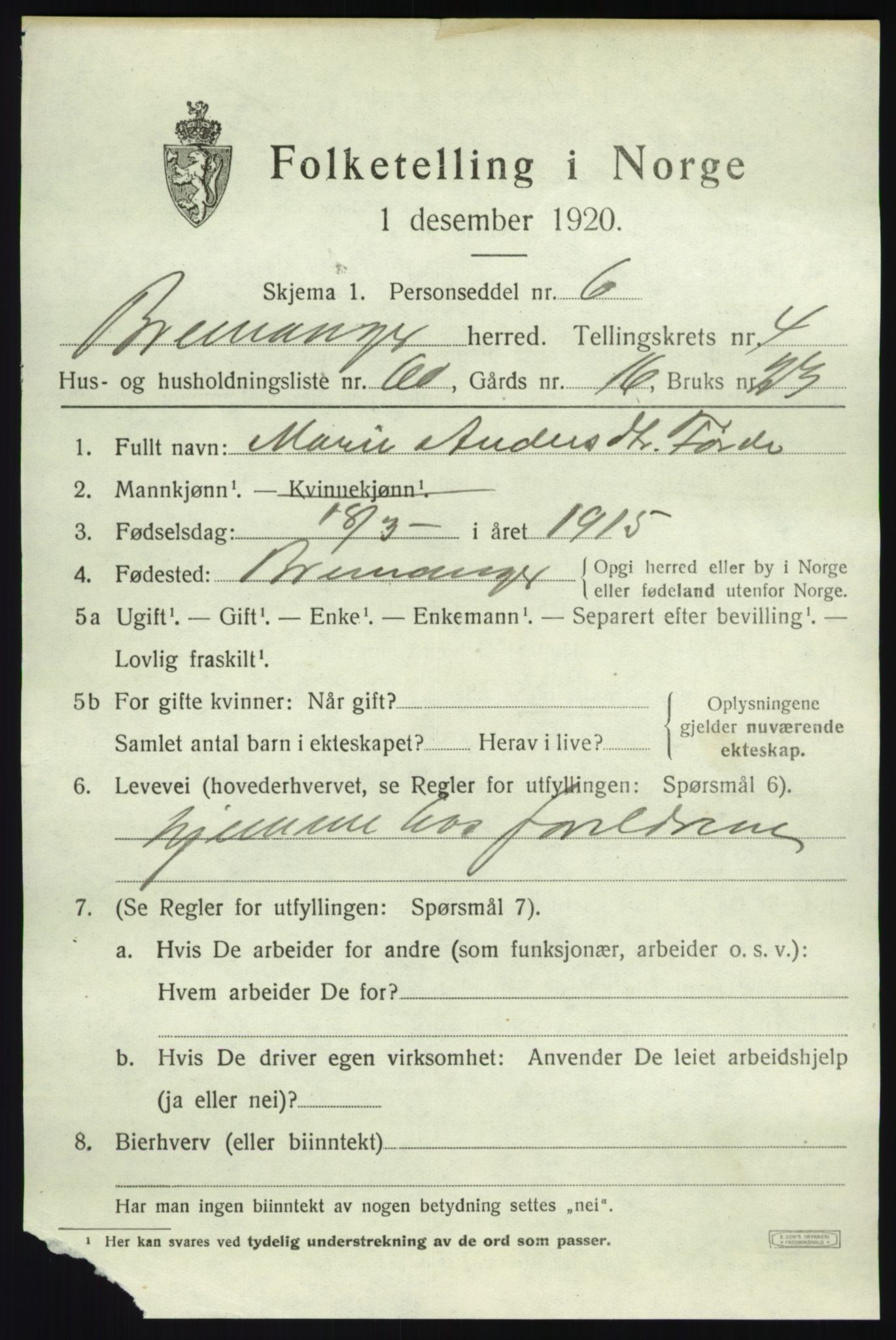 SAB, 1920 census for Bremanger, 1920, p. 3524