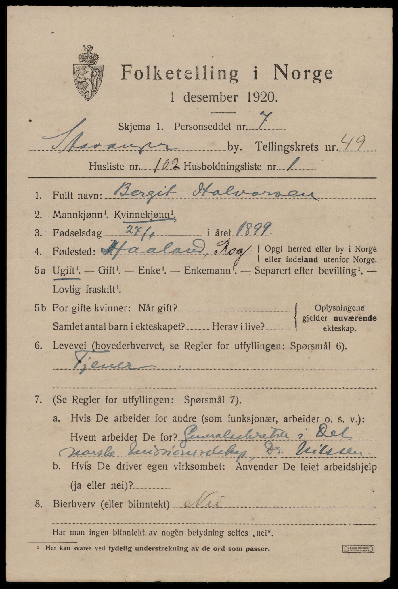 SAST, 1920 census for Stavanger, 1920, p. 119876