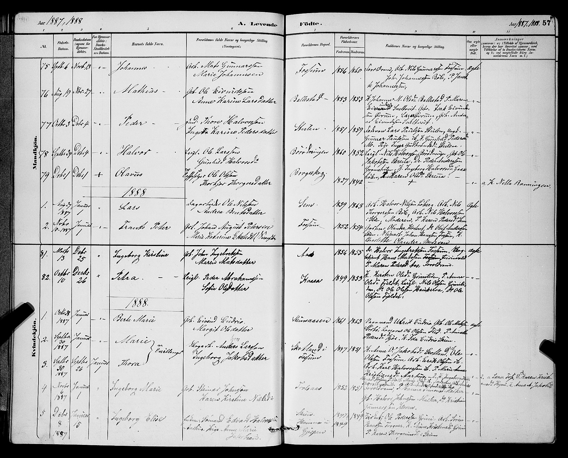 Gjerpen kirkebøker, SAKO/A-265/G/Ga/L0002: Parish register (copy) no. I 2, 1883-1900, p. 57