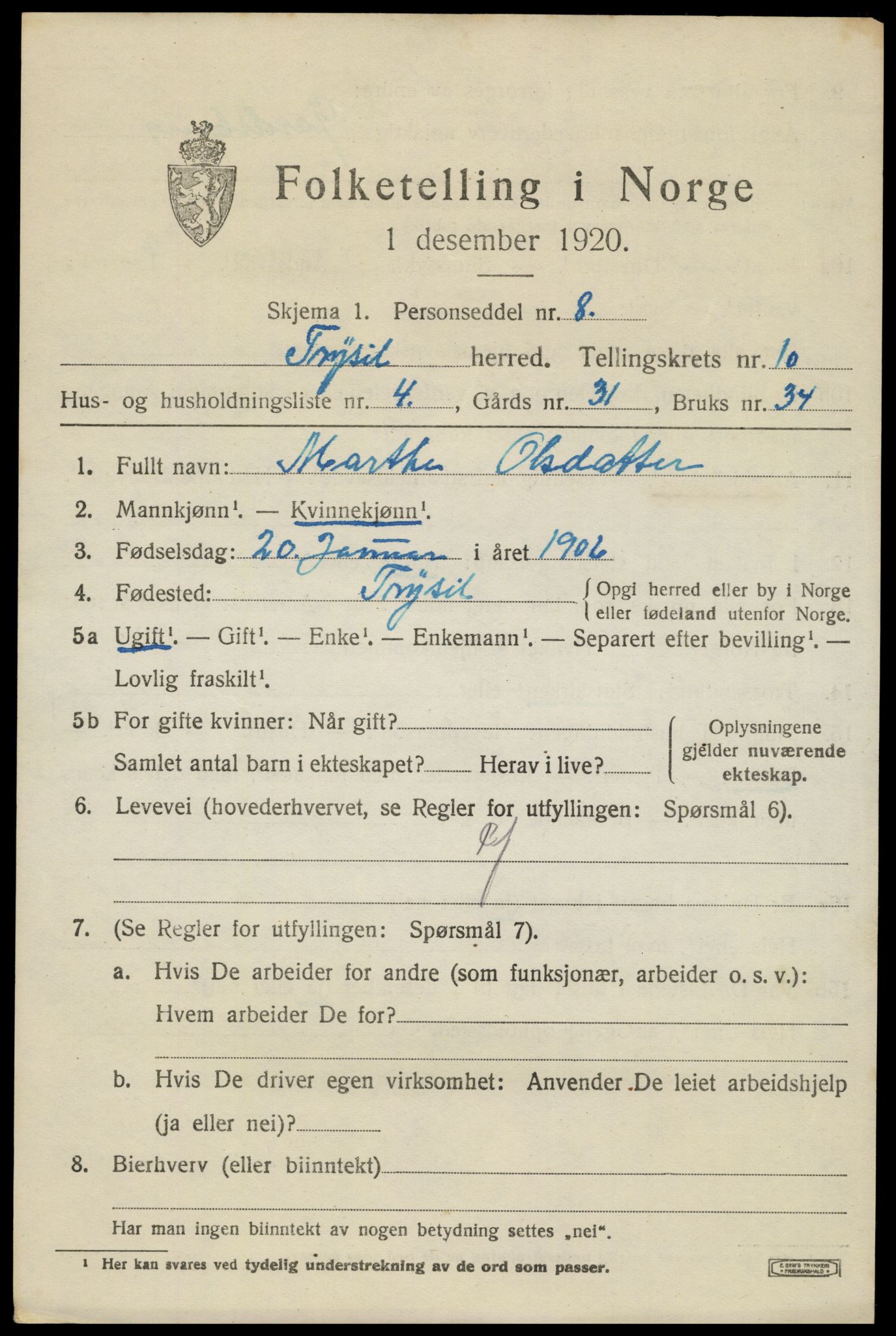 SAH, 1920 census for Trysil, 1920, p. 6905