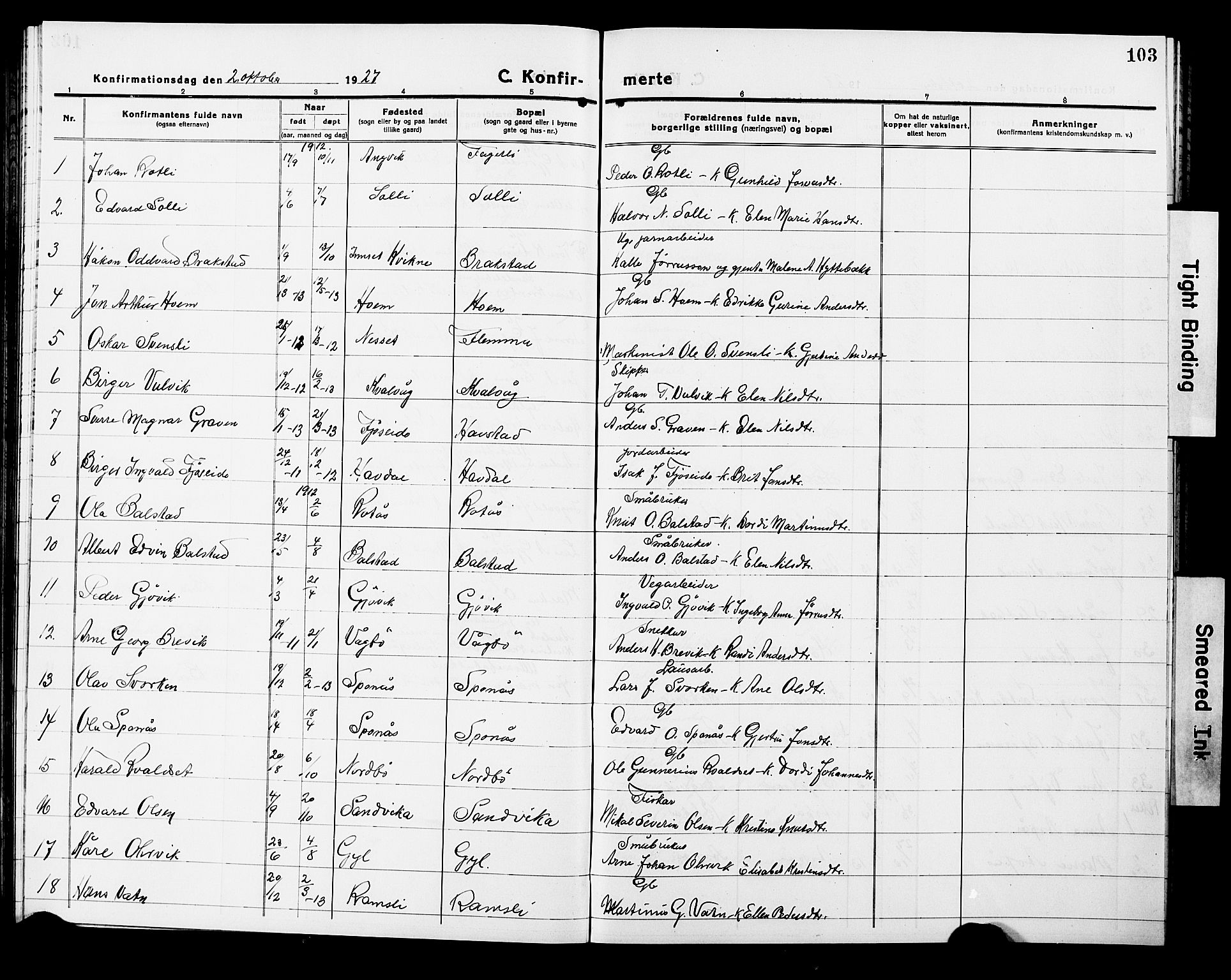 Ministerialprotokoller, klokkerbøker og fødselsregistre - Møre og Romsdal, AV/SAT-A-1454/586/L0994: Parish register (copy) no. 586C05, 1919-1927, p. 103