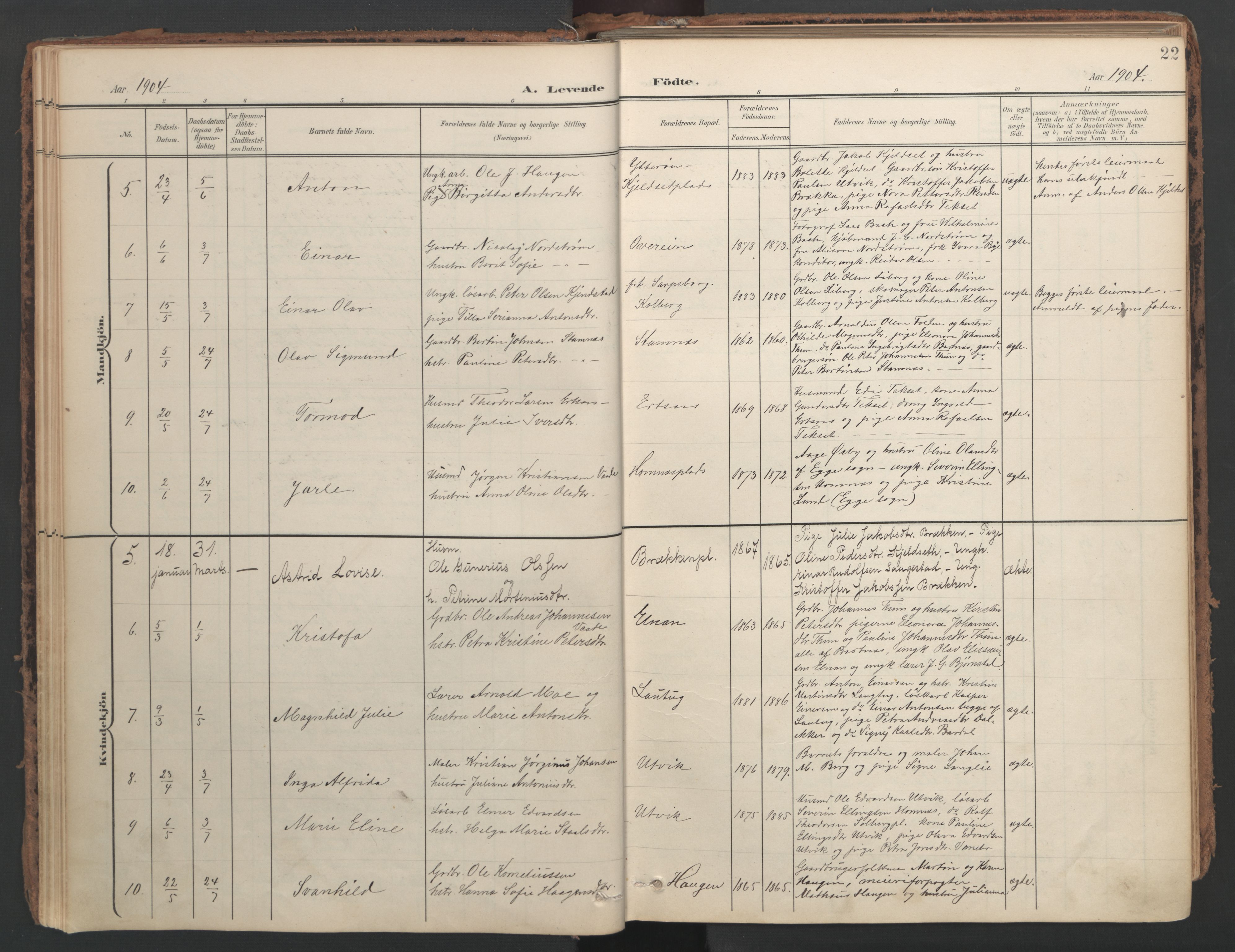 Ministerialprotokoller, klokkerbøker og fødselsregistre - Nord-Trøndelag, SAT/A-1458/741/L0397: Parish register (official) no. 741A11, 1901-1911, p. 22