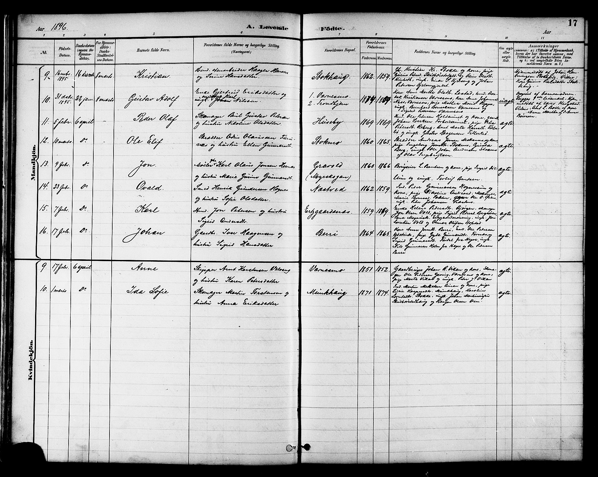 Ministerialprotokoller, klokkerbøker og fødselsregistre - Nord-Trøndelag, AV/SAT-A-1458/709/L0087: Parish register (copy) no. 709C01, 1892-1913, p. 17