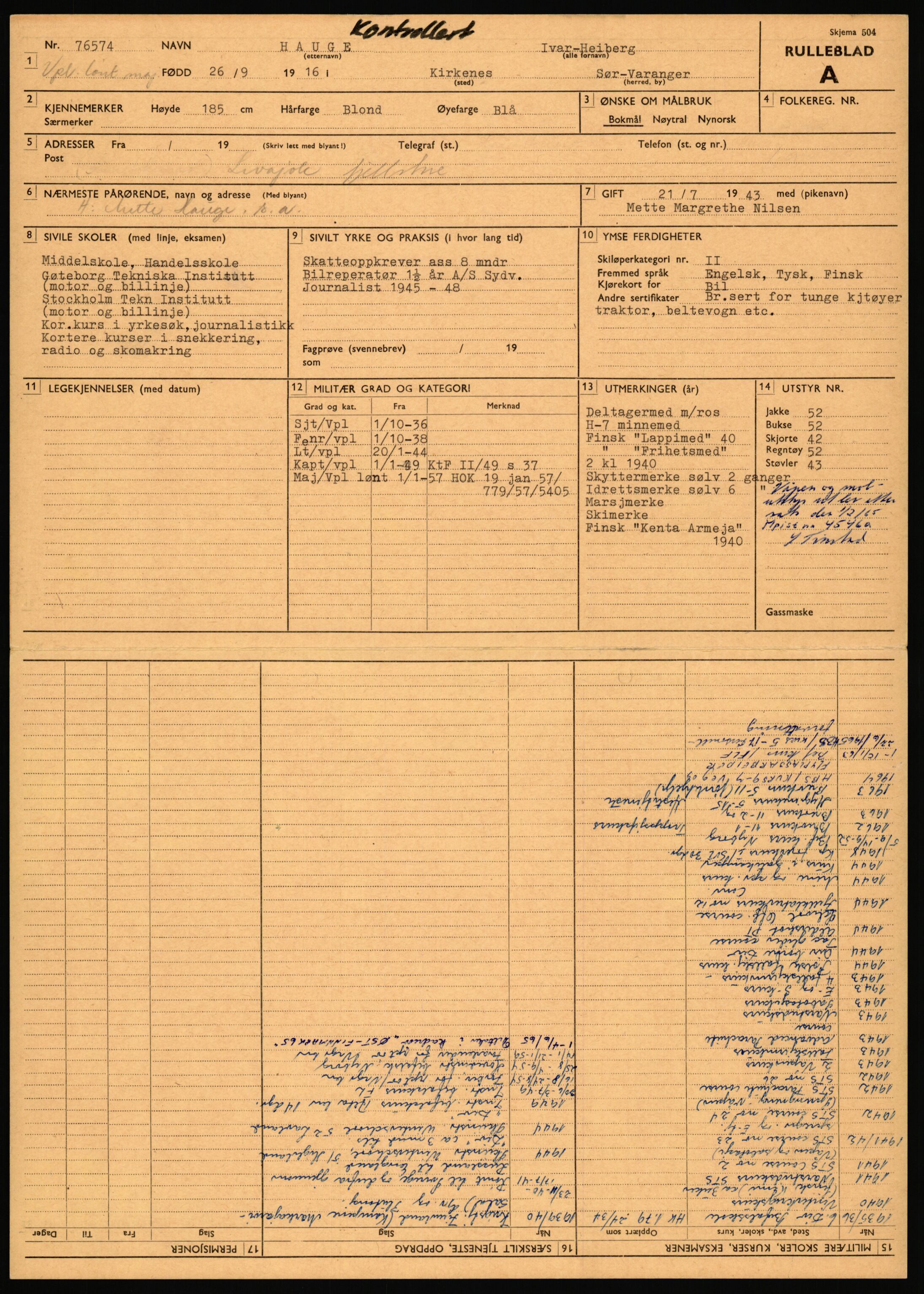 Forsvaret, Varanger bataljon, AV/RA-RAFA-2258/1/D/L0456: Rulleblad og tjenesteuttalelser for befal født 1916-1919 og 1921-1923, 1916-1923, p. 45