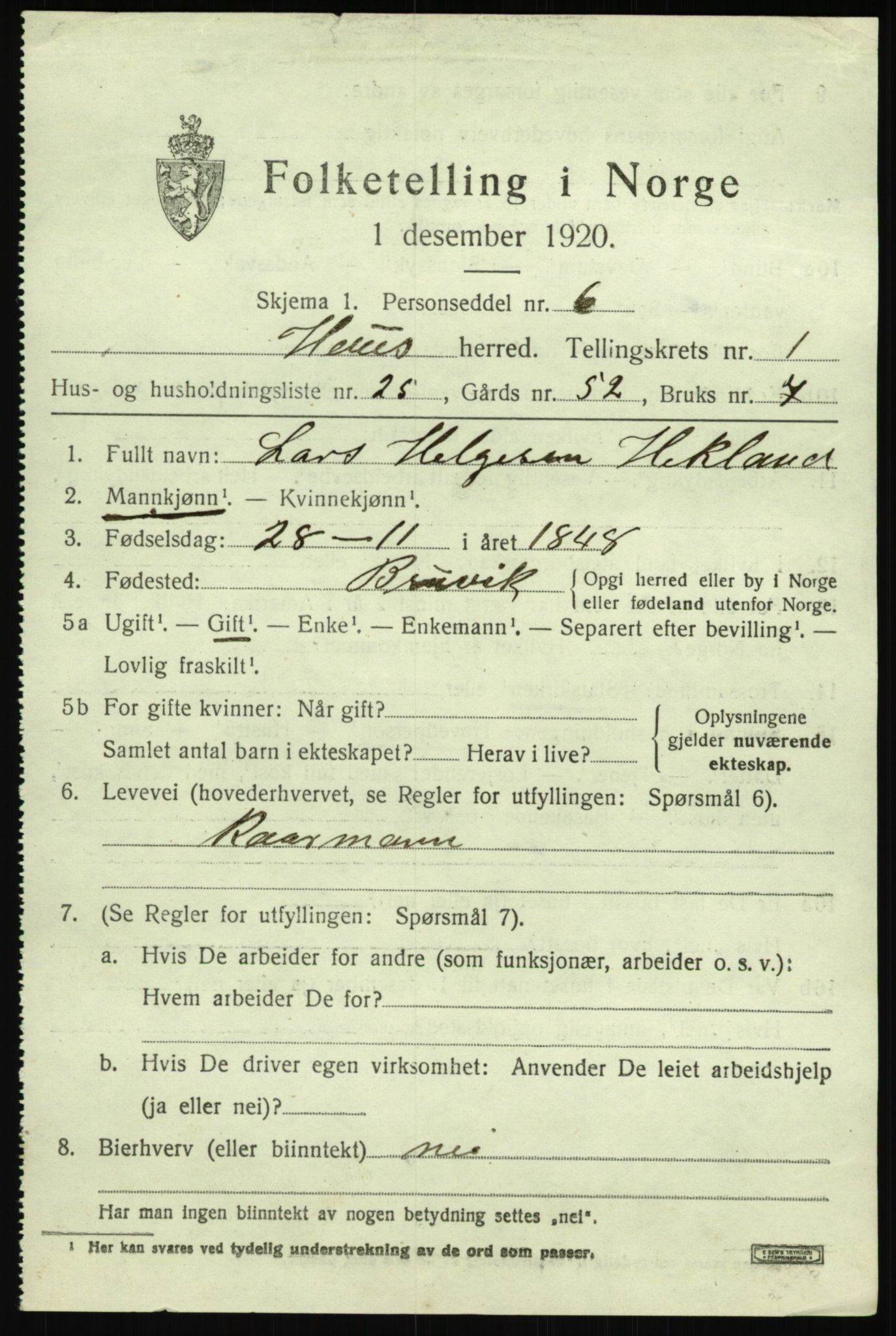 SAB, 1920 census for Haus, 1920, p. 2033