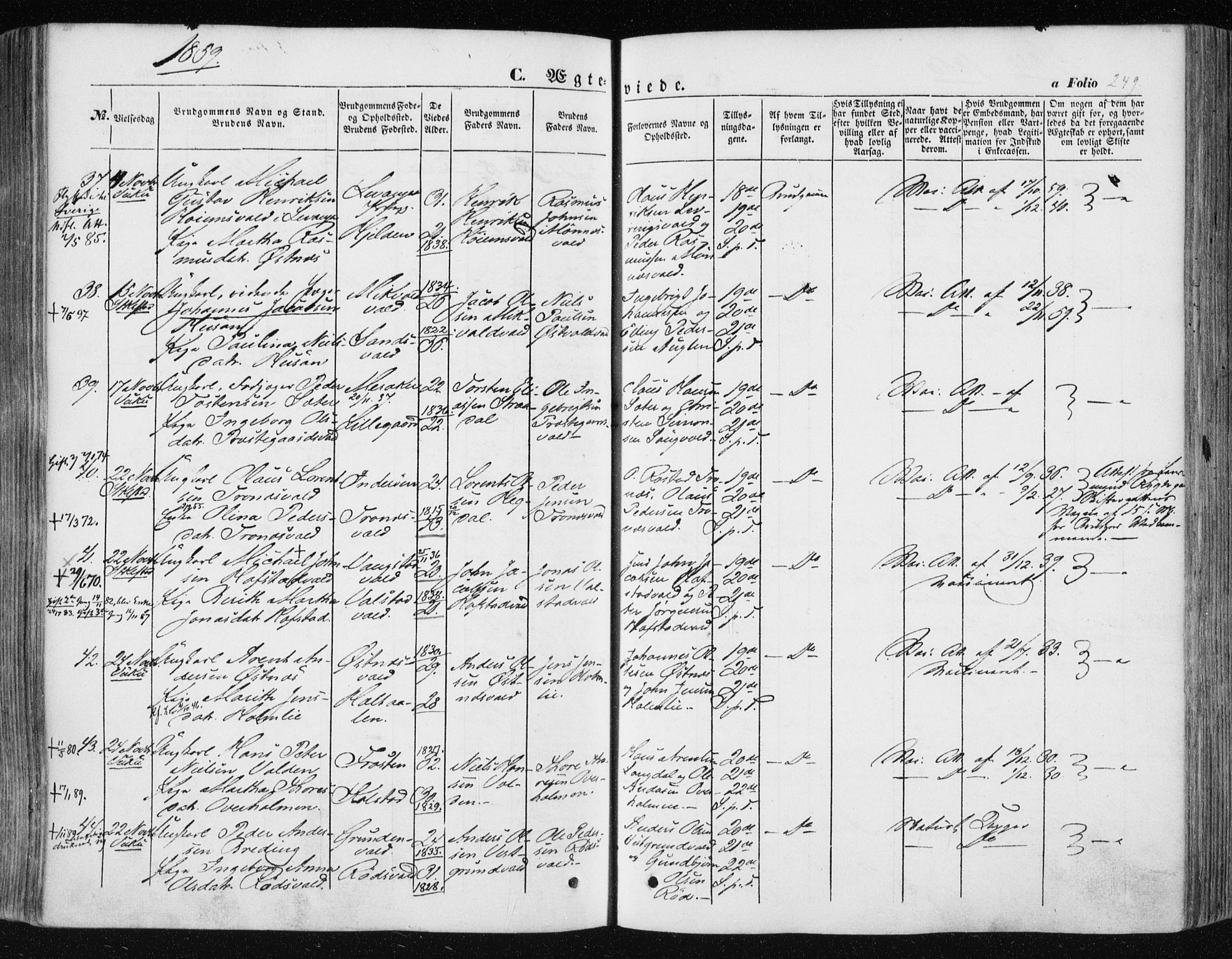 Ministerialprotokoller, klokkerbøker og fødselsregistre - Nord-Trøndelag, SAT/A-1458/723/L0240: Parish register (official) no. 723A09, 1852-1860, p. 249