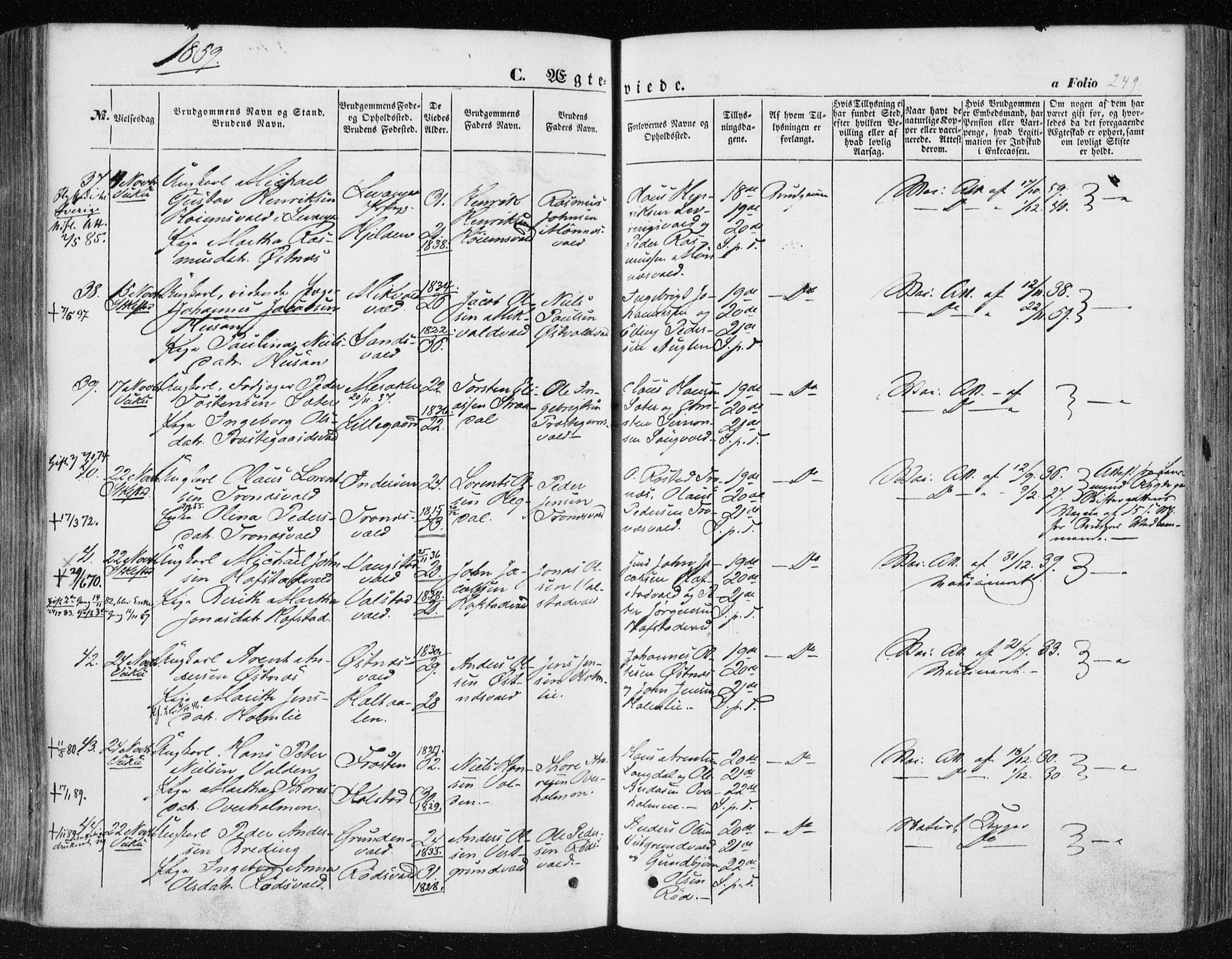 Ministerialprotokoller, klokkerbøker og fødselsregistre - Nord-Trøndelag, AV/SAT-A-1458/723/L0240: Parish register (official) no. 723A09, 1852-1860, p. 249