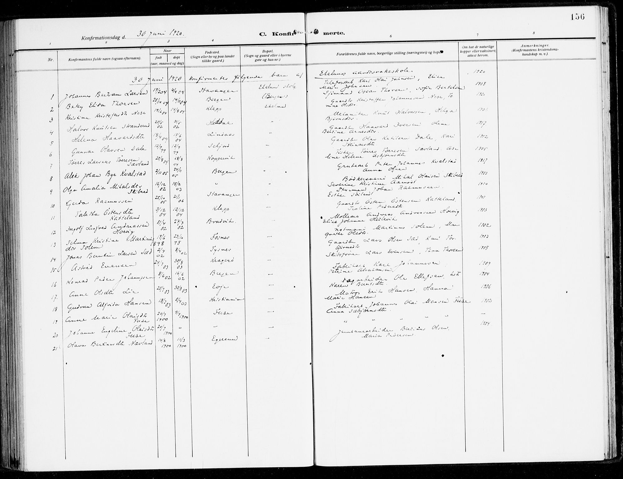 Fana Sokneprestembete, AV/SAB-A-75101/H/Haa/Haai/L0004: Parish register (official) no. I 4, 1912-1933, p. 156