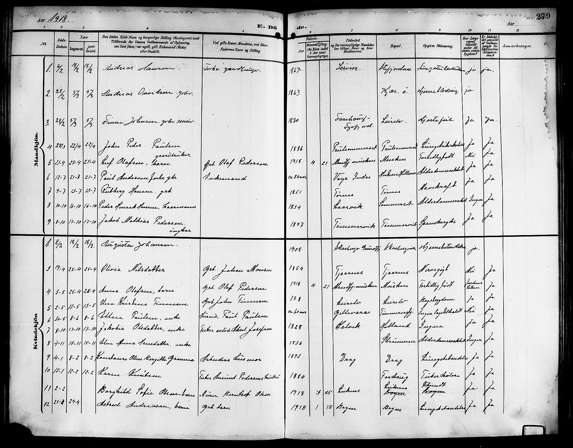 Ministerialprotokoller, klokkerbøker og fødselsregistre - Nordland, AV/SAT-A-1459/861/L0877: Parish register (copy) no. 861C03, 1903-1919, p. 279