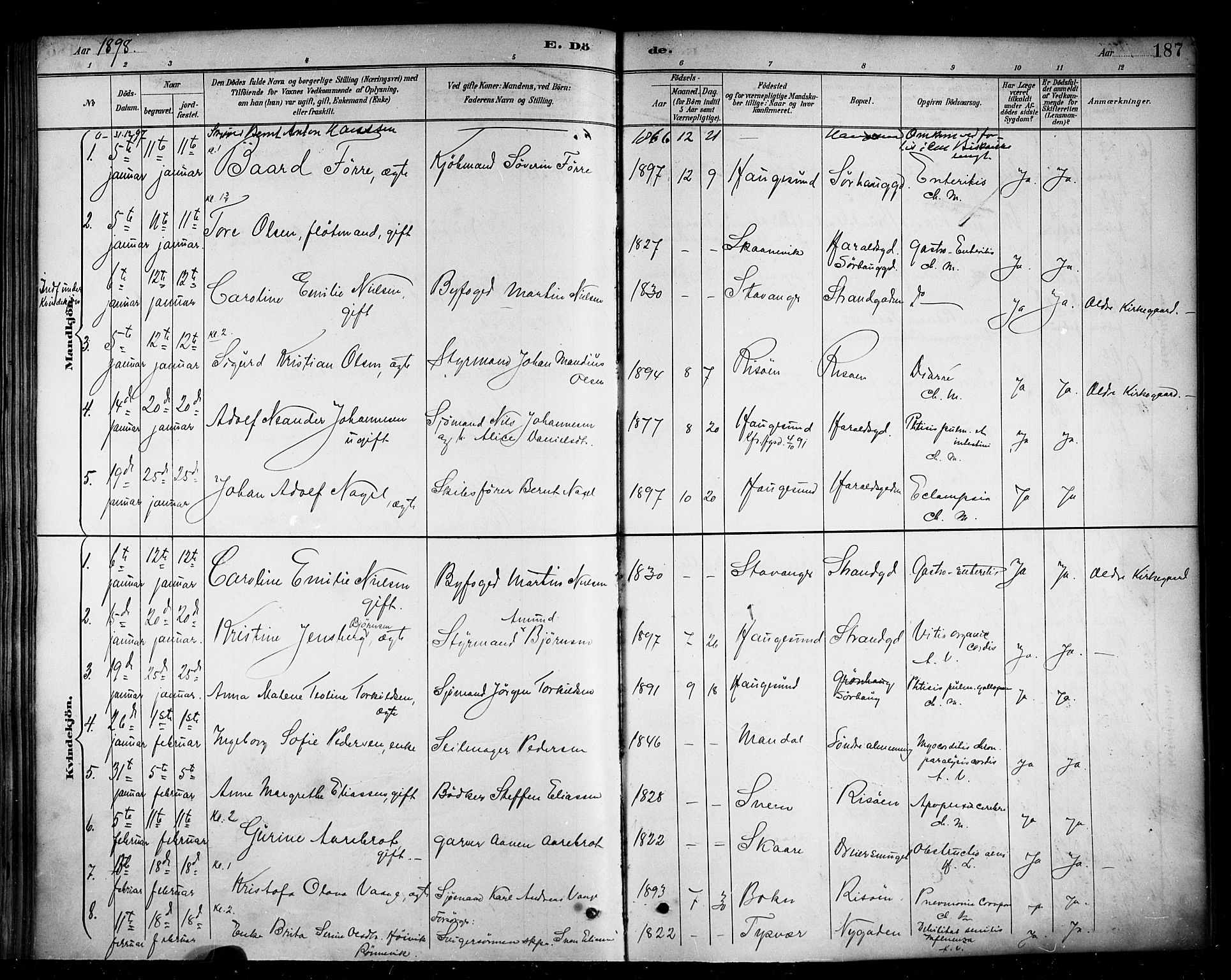 Haugesund sokneprestkontor, AV/SAST-A -101863/H/Ha/Haa/L0005: Parish register (official) no. A 5, 1891-1903, p. 187