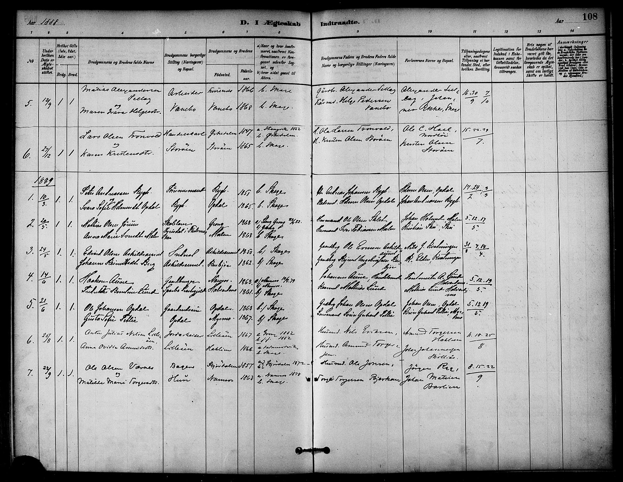 Ministerialprotokoller, klokkerbøker og fødselsregistre - Nord-Trøndelag, SAT/A-1458/766/L0563: Parish register (official) no. 767A01, 1881-1899, p. 108