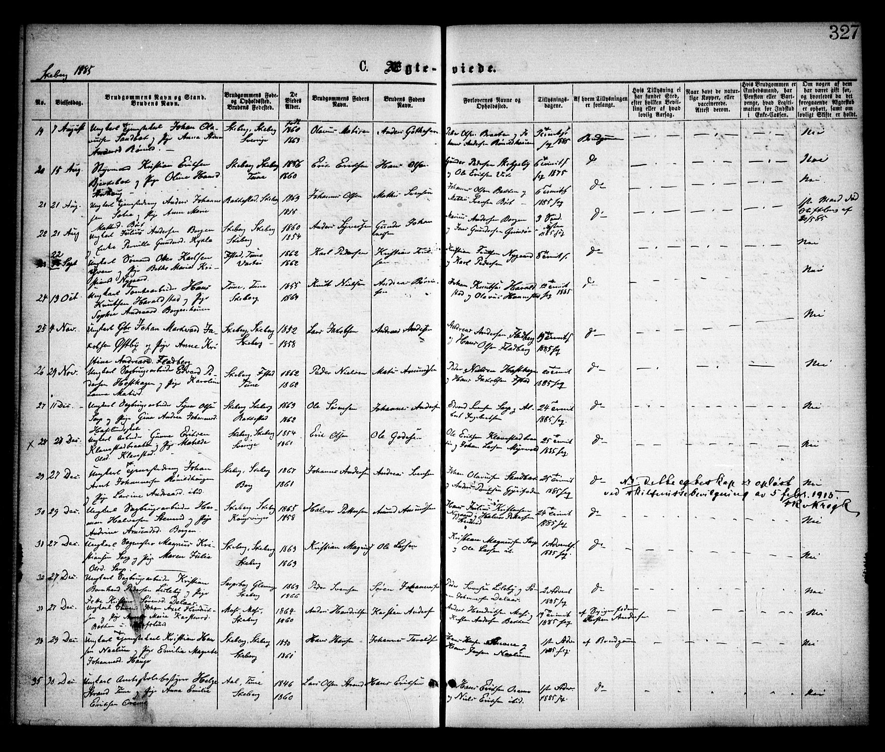 Skjeberg prestekontor Kirkebøker, AV/SAO-A-10923/F/Fa/L0008: Parish register (official) no. I 8, 1869-1885, p. 327