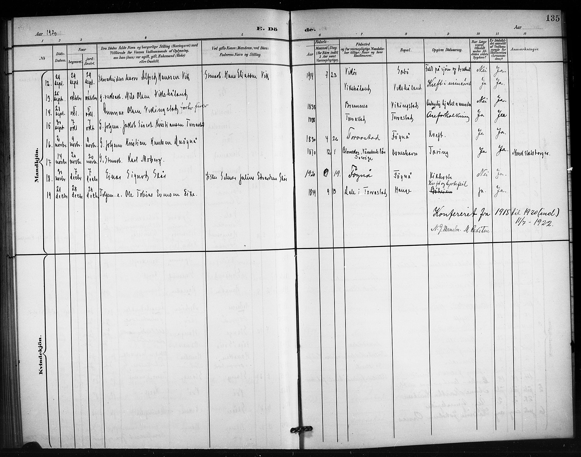 Torvastad sokneprestkontor, AV/SAST-A -101857/H/Ha/Hab/L0008: Parish register (copy) no. B 8, 1901-1924, p. 135