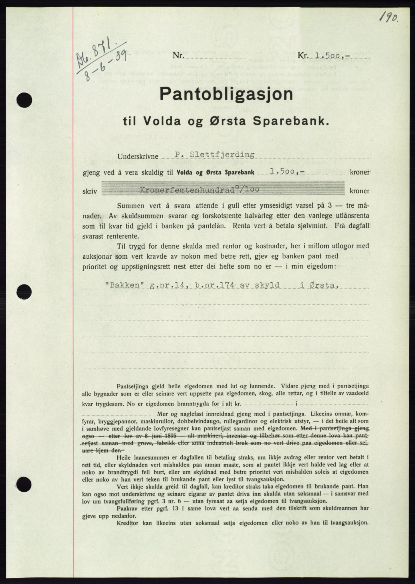 Søre Sunnmøre sorenskriveri, AV/SAT-A-4122/1/2/2C/L0068: Mortgage book no. 62, 1939-1939, Diary no: : 871/1939