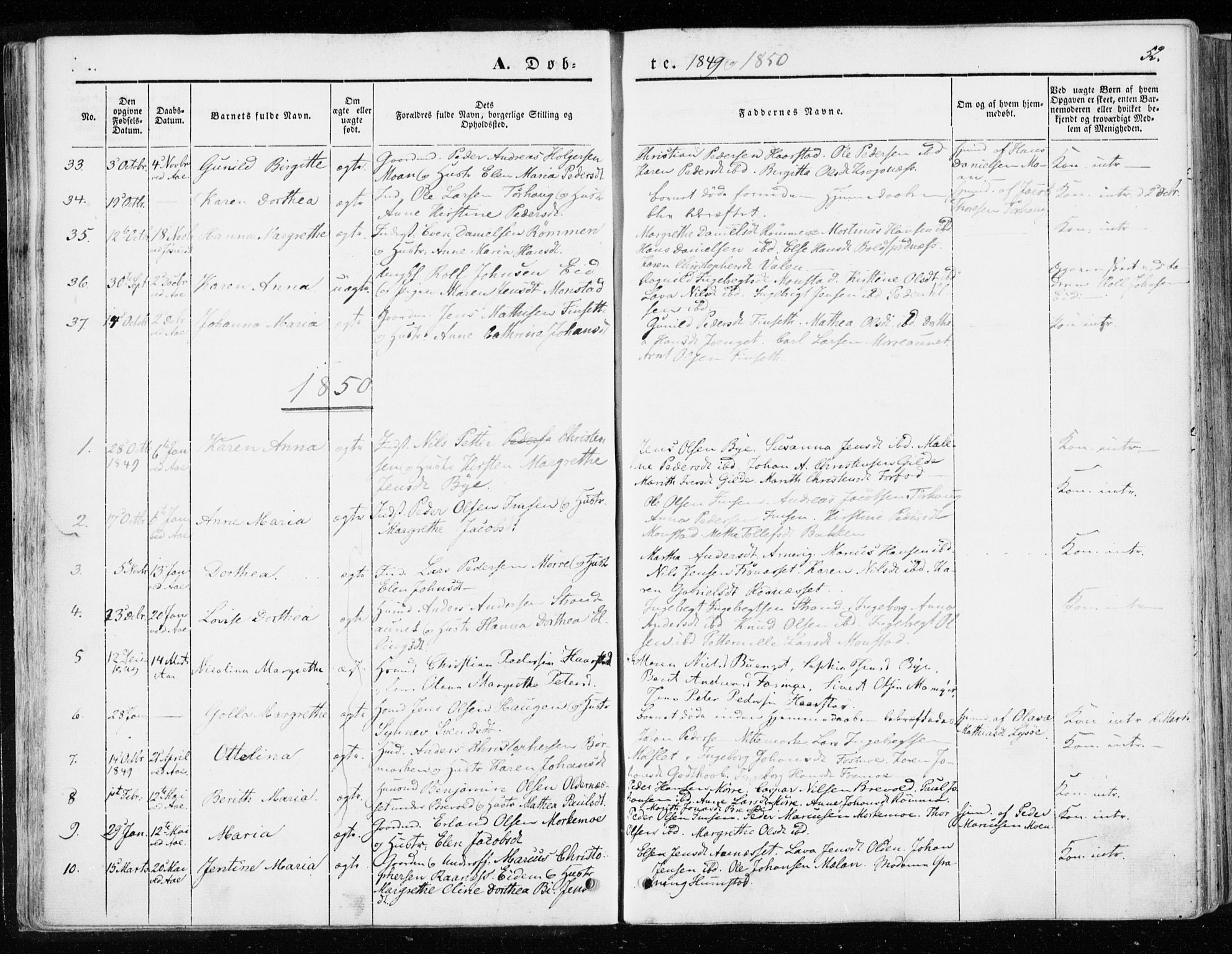 Ministerialprotokoller, klokkerbøker og fødselsregistre - Sør-Trøndelag, SAT/A-1456/655/L0677: Parish register (official) no. 655A06, 1847-1860, p. 52