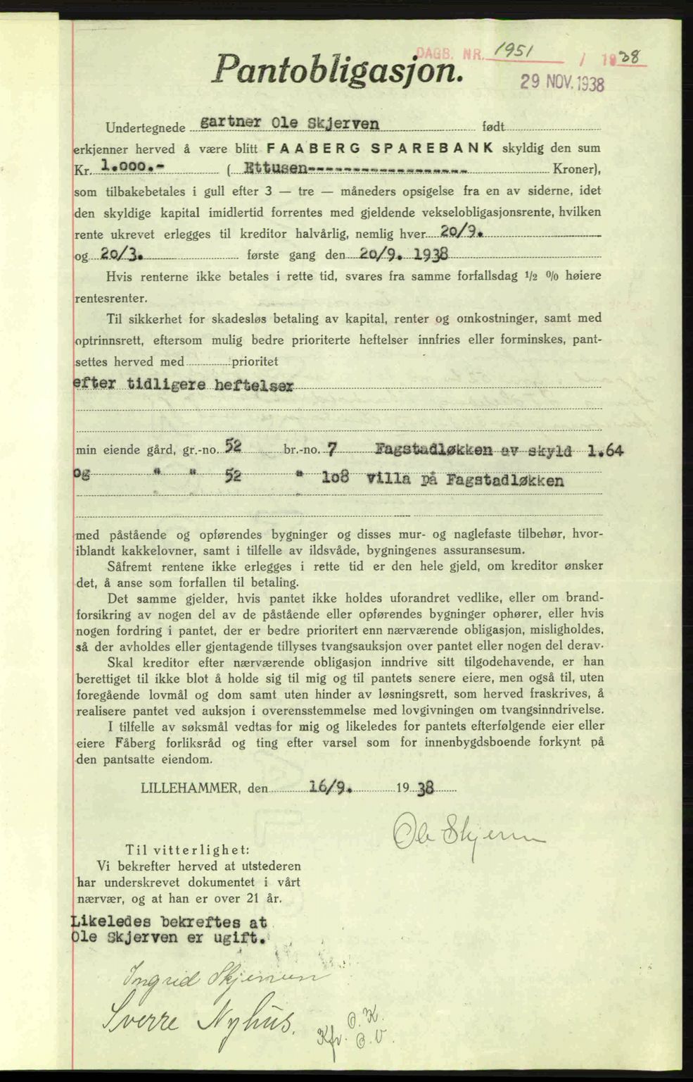 Sør-Gudbrandsdal tingrett, SAH/TING-004/H/Hb/Hbe/L0001: Mortgage book no. B1, 1936-1939, Diary no: : 1951/1938