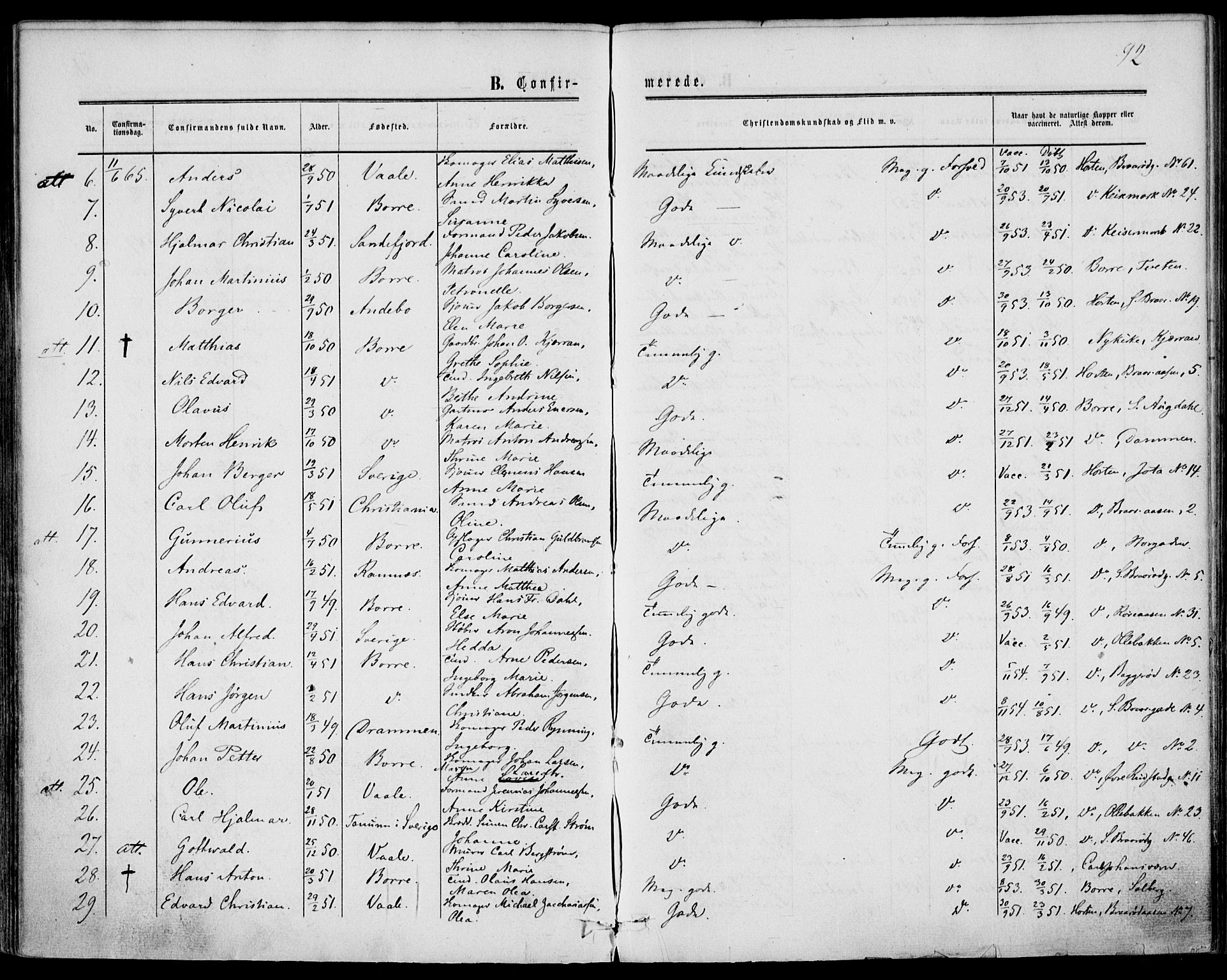 Borre kirkebøker, SAKO/A-338/F/Fa/L0007: Parish register (official) no. I 7, 1862-1867, p. 92