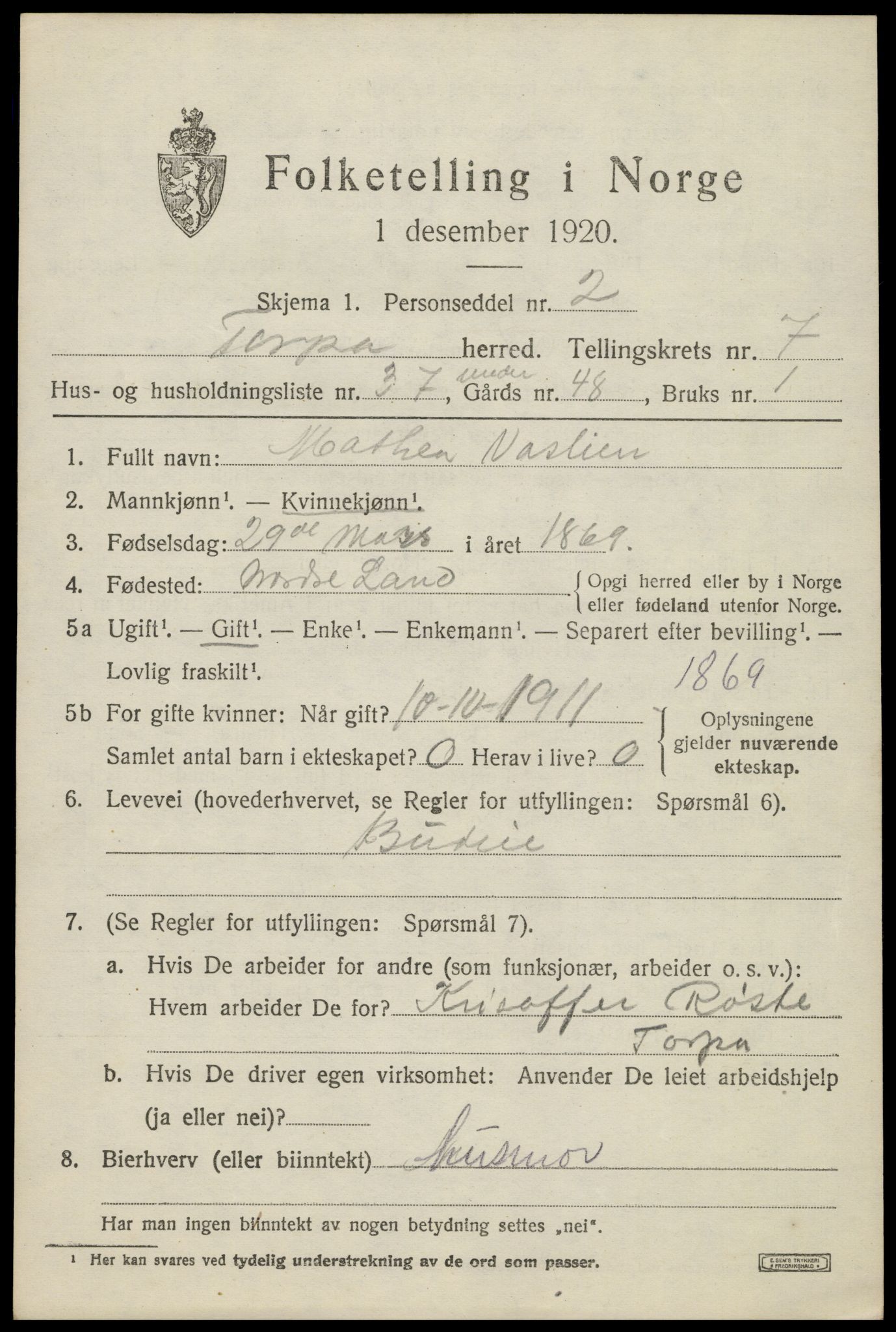 SAH, 1920 census for Torpa, 1920, p. 4619